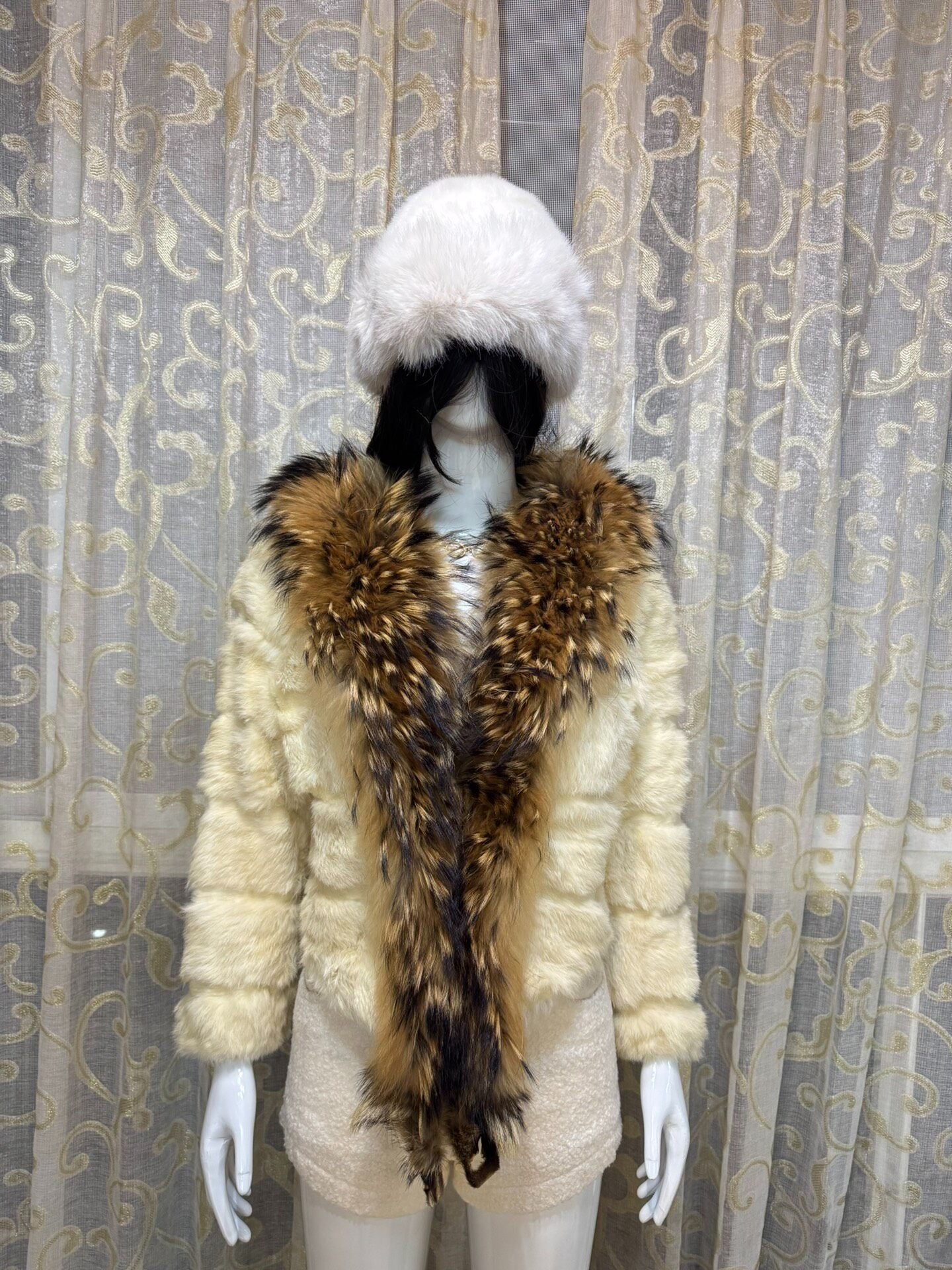 Vintage off-white genuine fur coat
