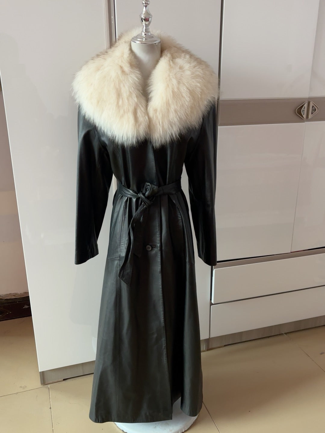 Vintage black genuine leather long coat