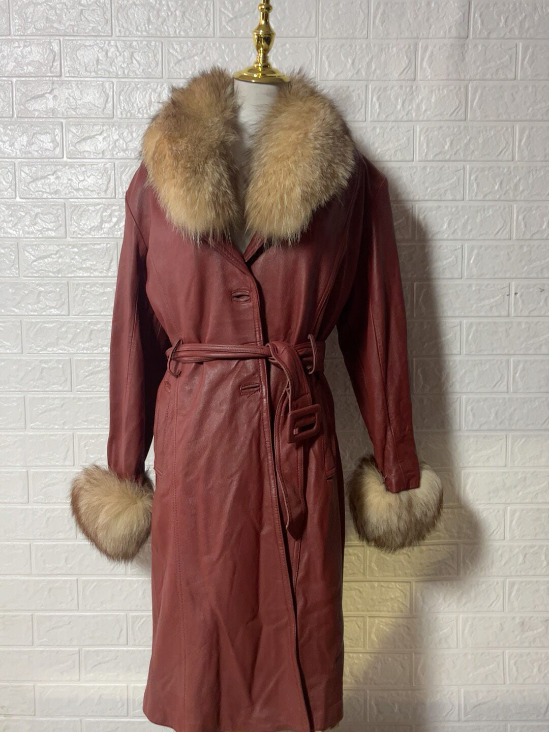 Vintage red genuine leather long coat