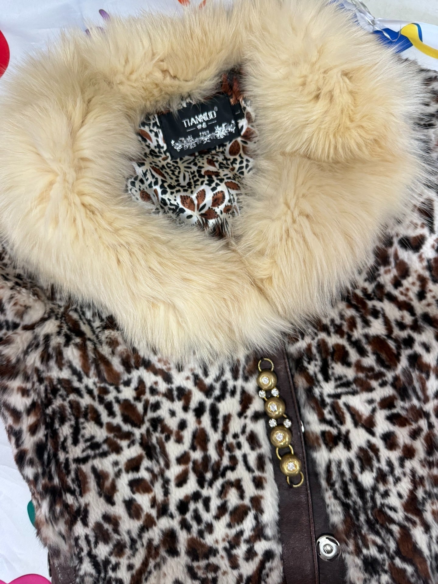 Vintage leopard-print fur coat with fox fur collar