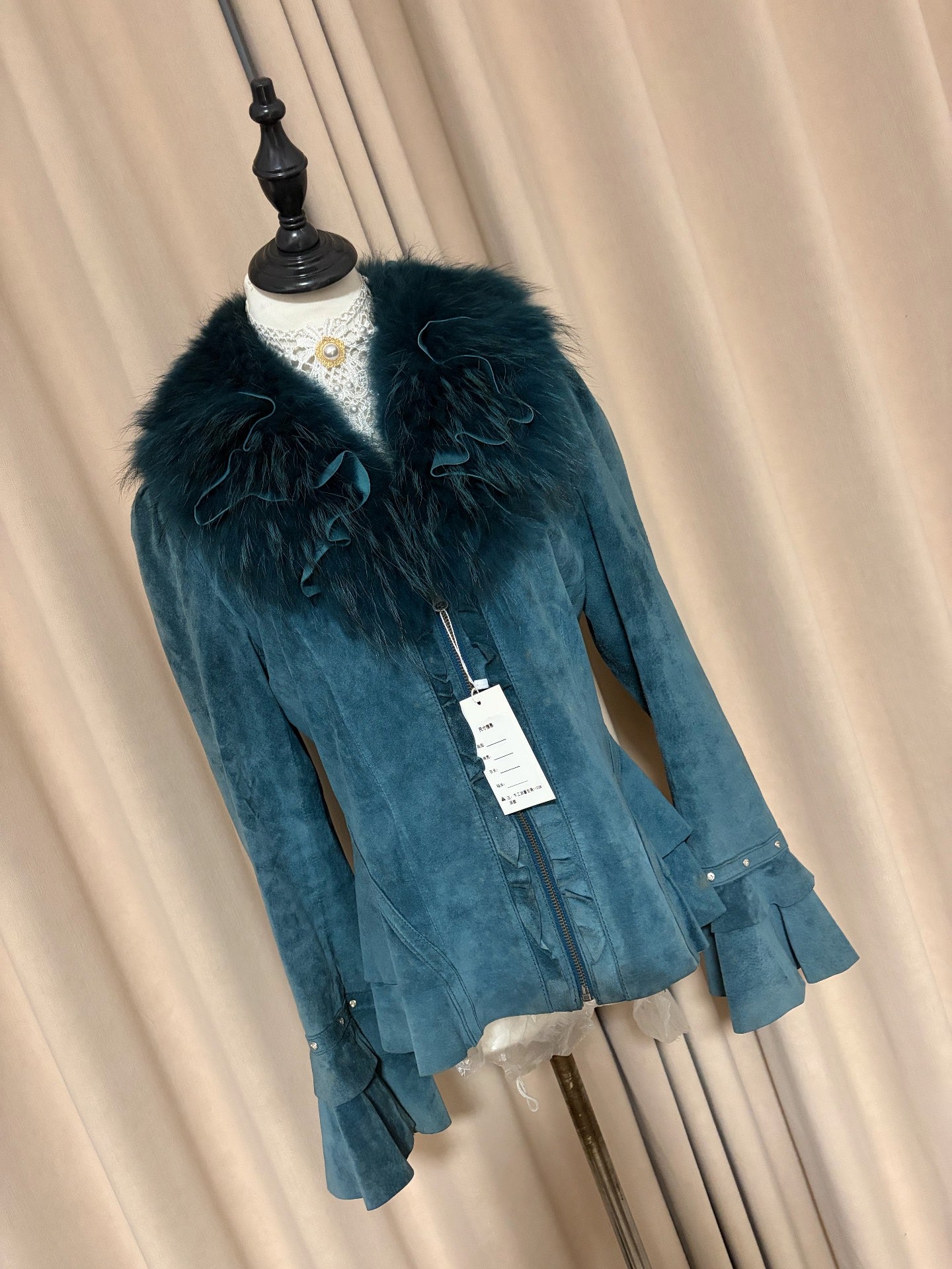 Vintage peacock blue genuine fur and leather coat
