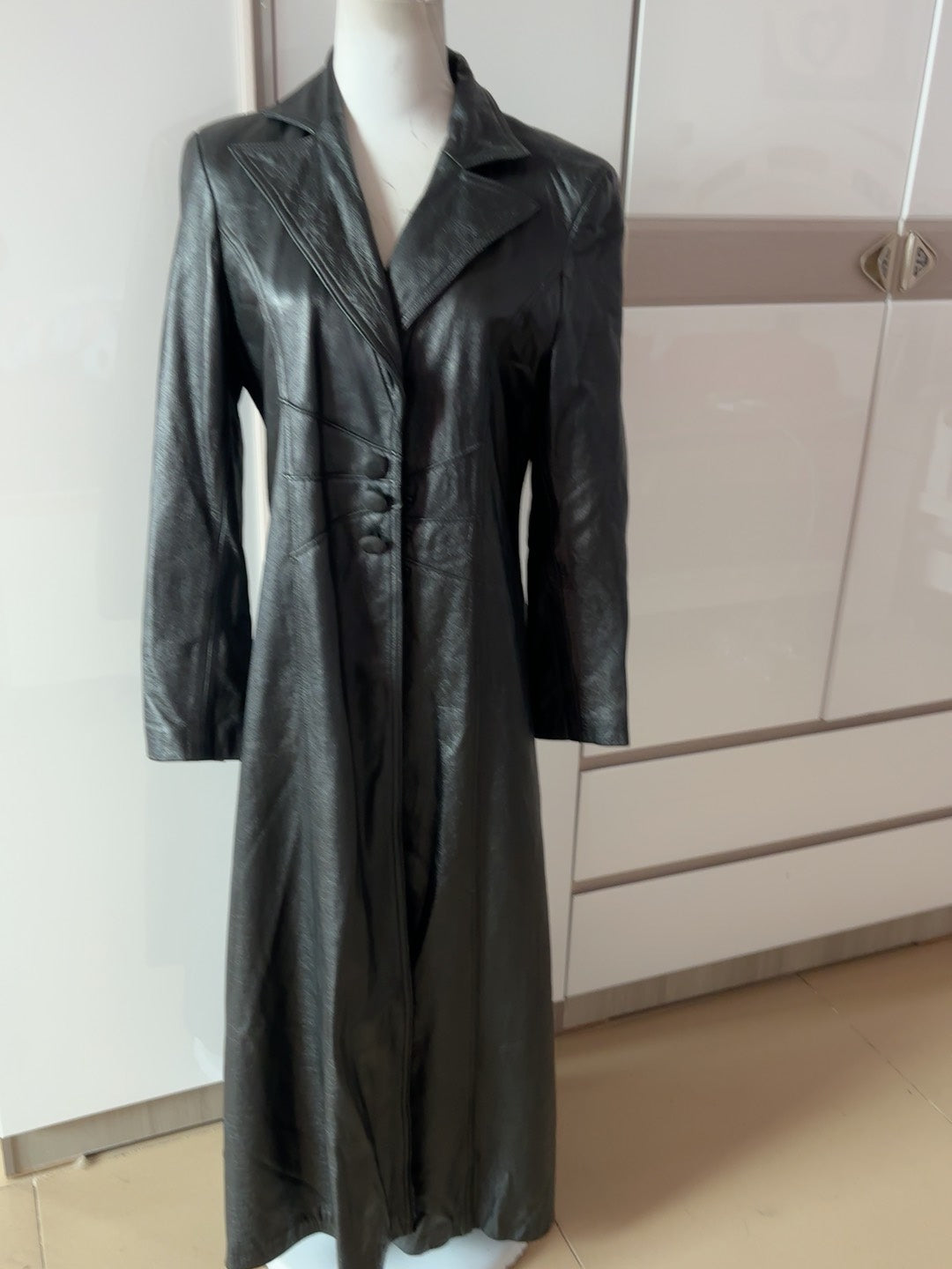 Vintage black cowhide long leather coat
