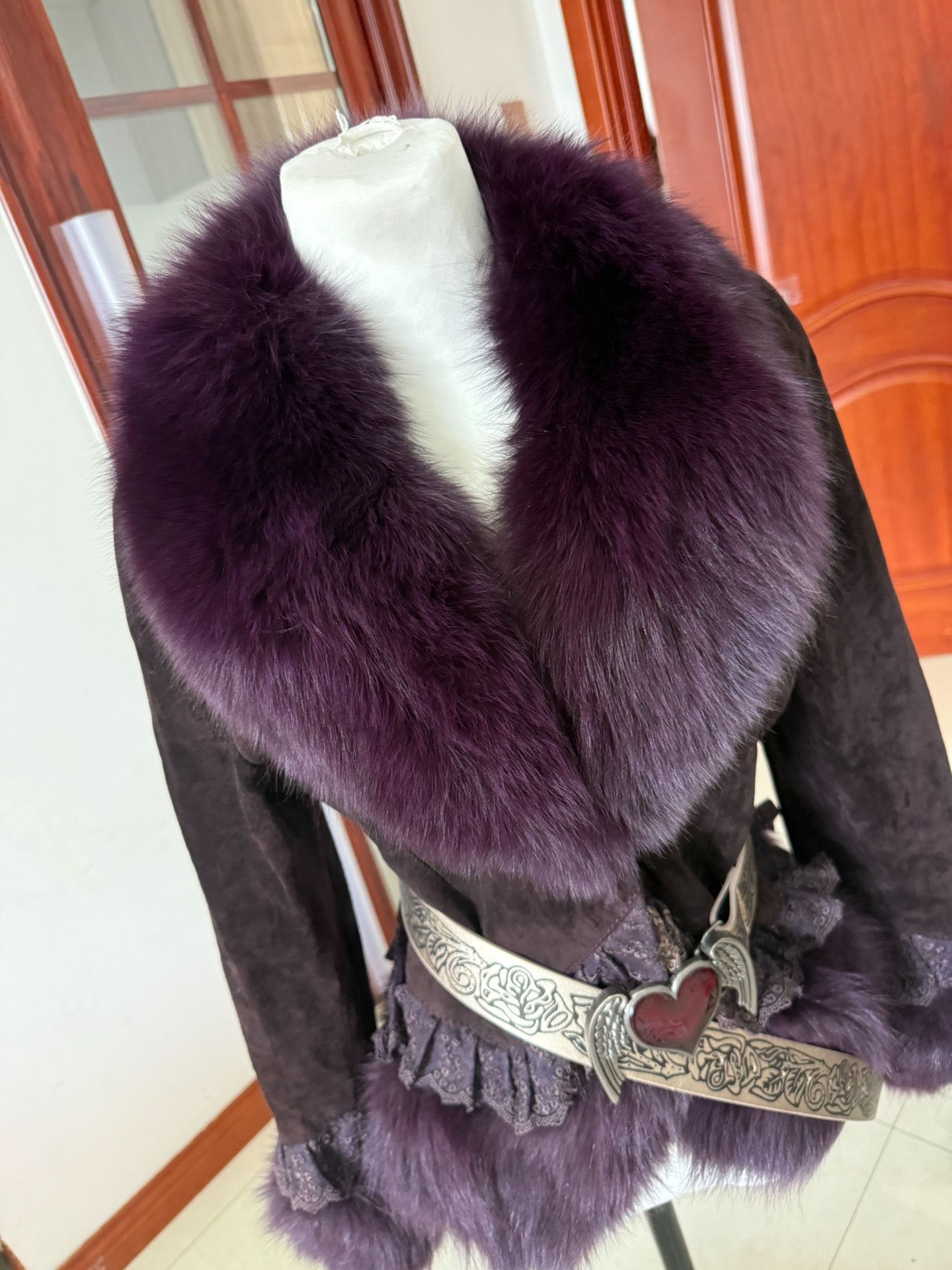 Vintage purple fox fur-collared coat