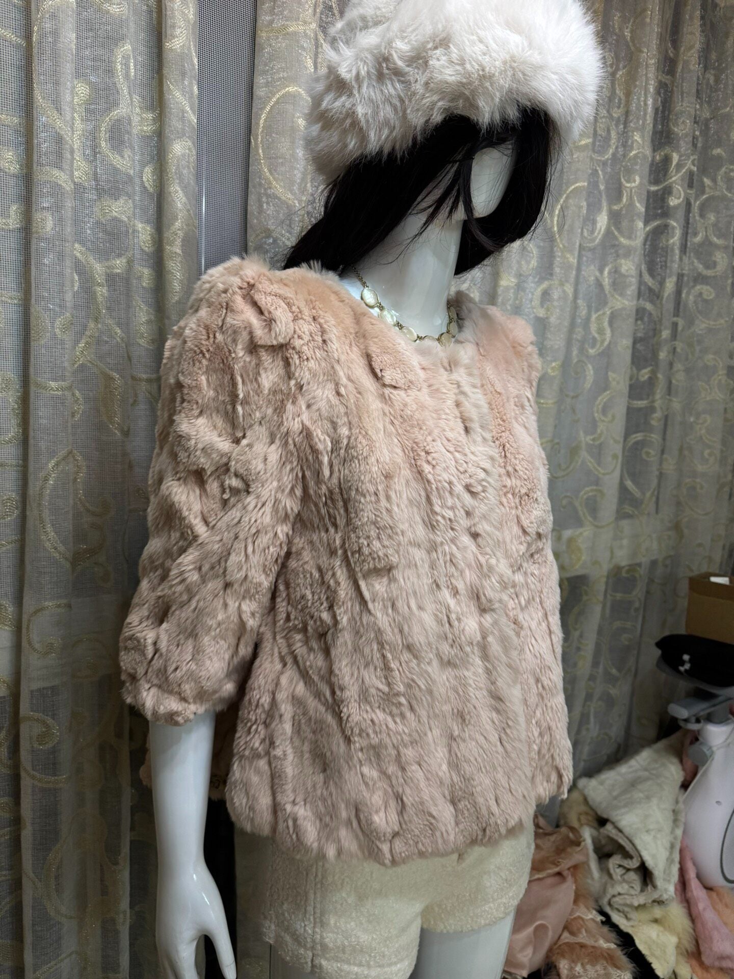 Vintage light pink genuine fur coat