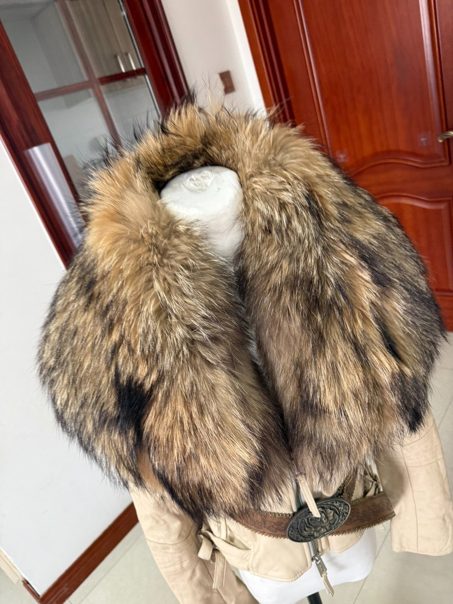 Vintage light khaki genuine fur coat