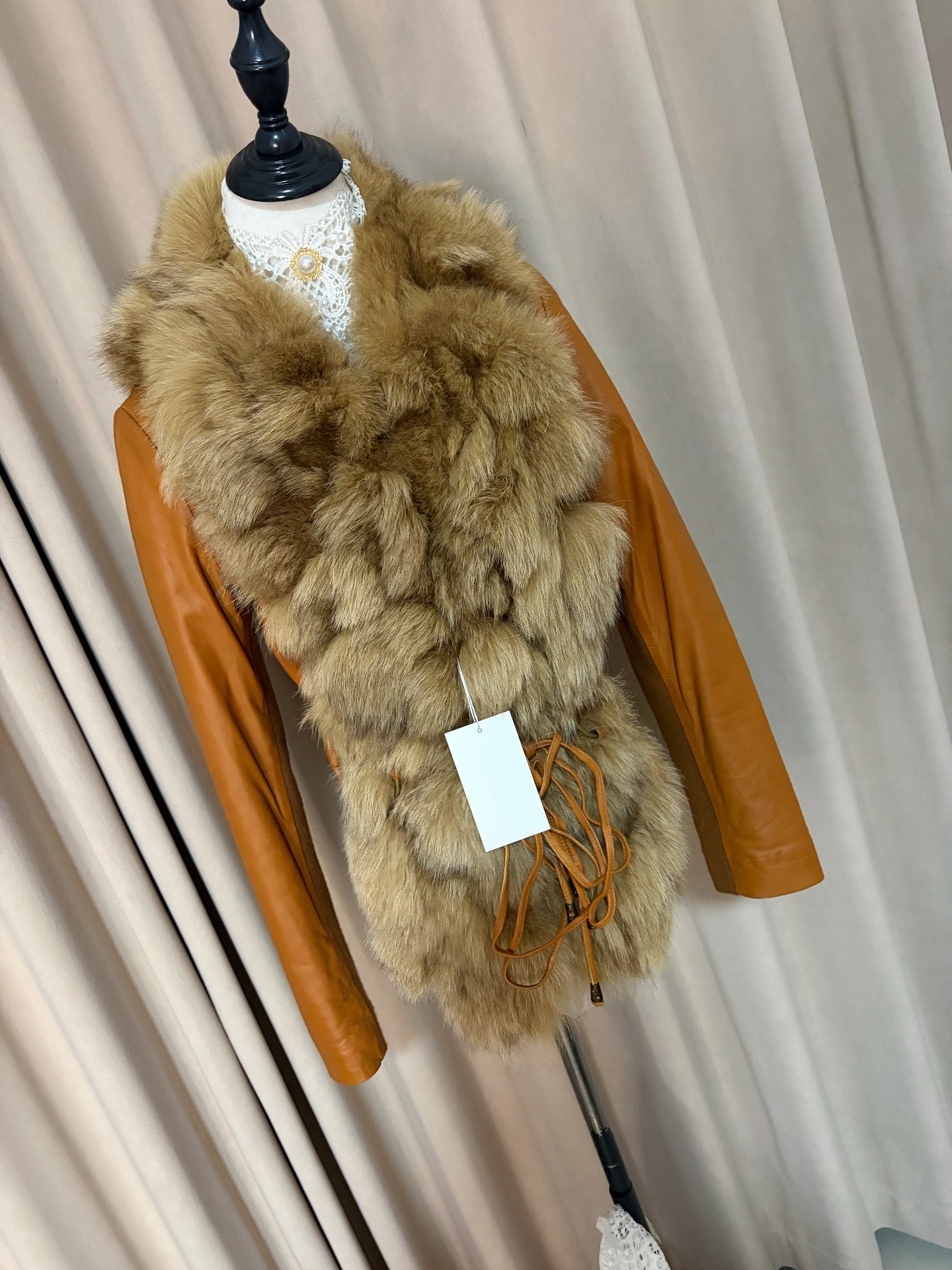 Vintage caramel-colored genuine fur and leather coat