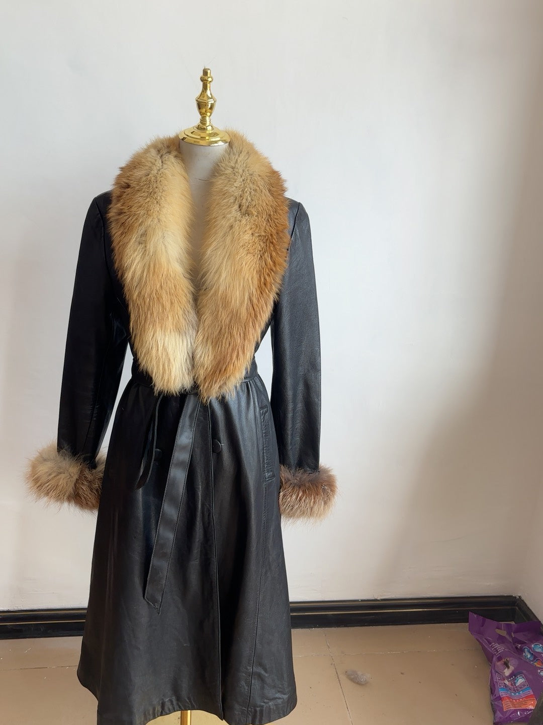 Vintage black genuine leather long coat