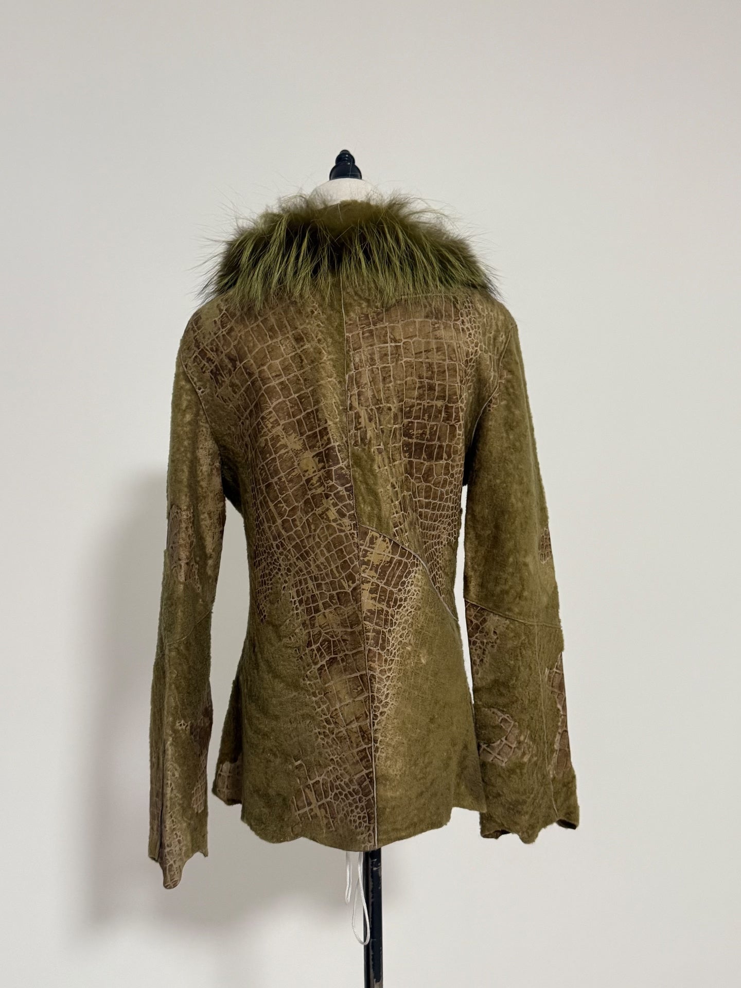 Vintage crocodile-print patchwork real fur coat