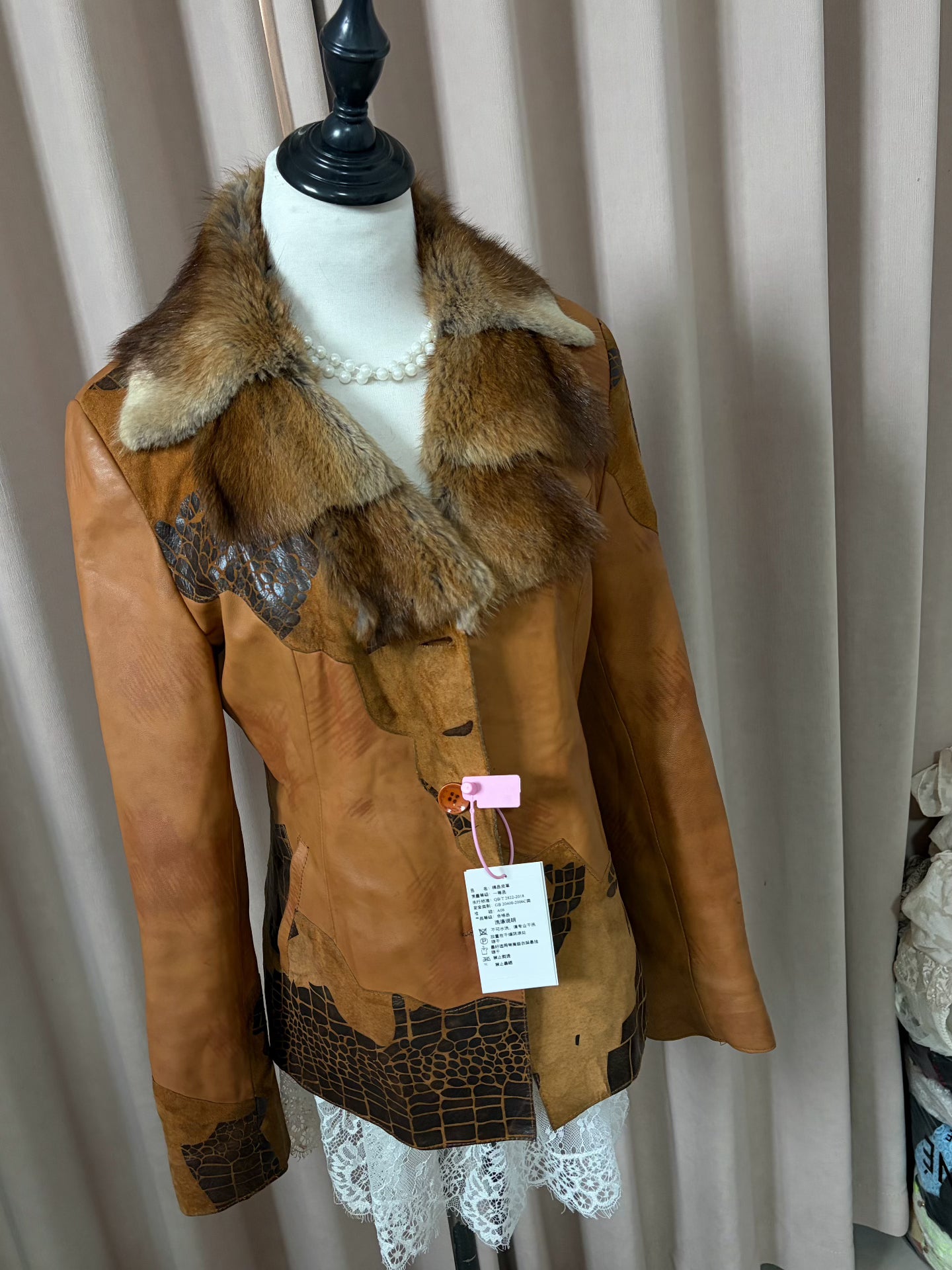 Vintage shearling and leather coat with mink fur collar