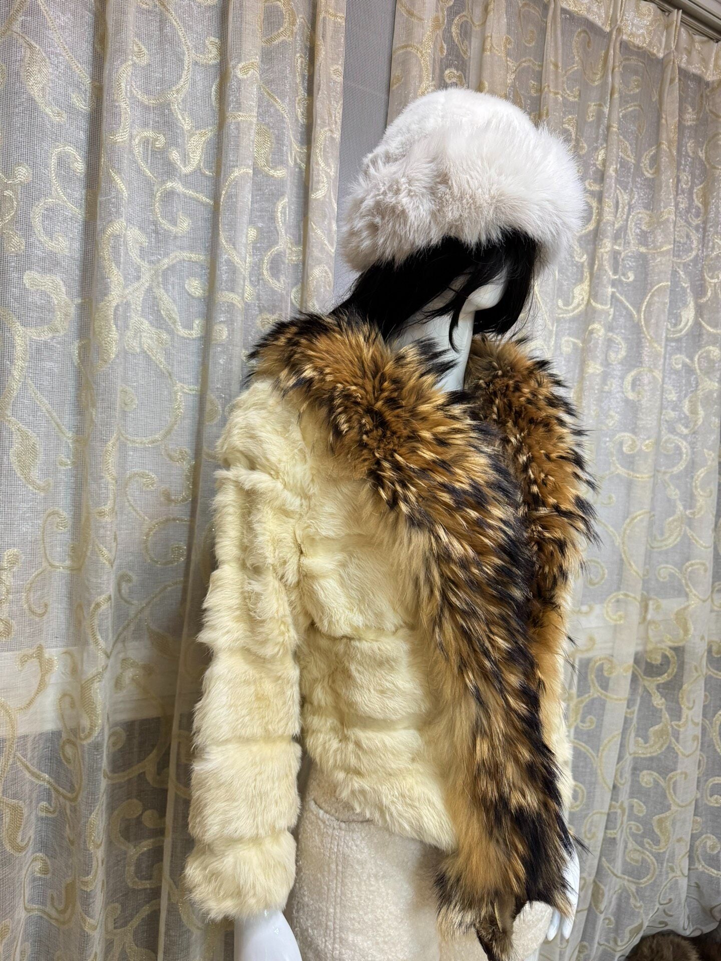 Vintage off-white genuine fur coat
