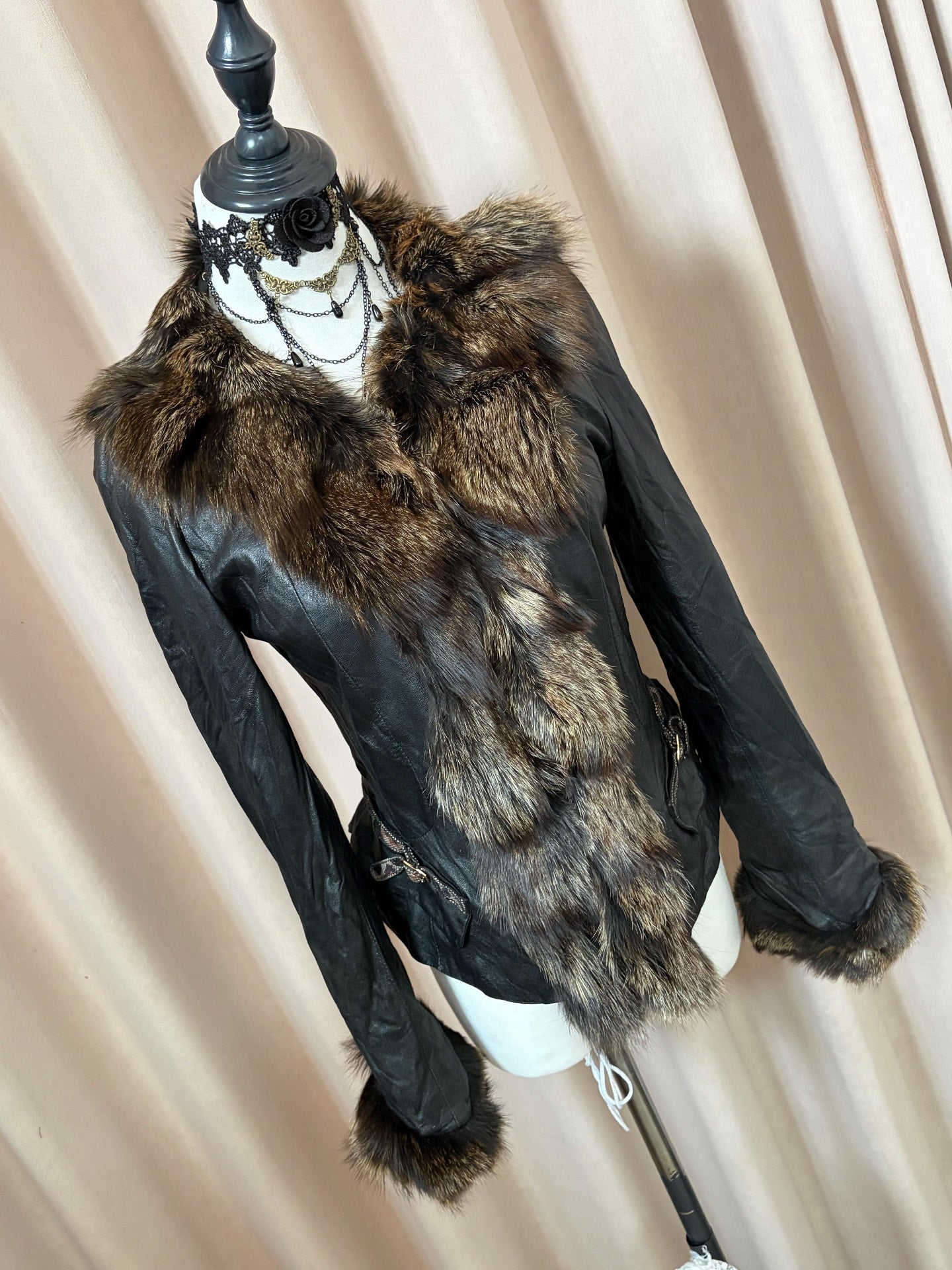 Vintage black genuine leather and real fur coat