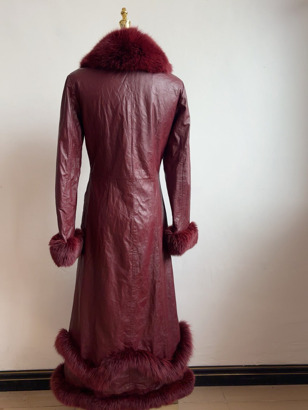 Vintage burgundy genuine leather long coat