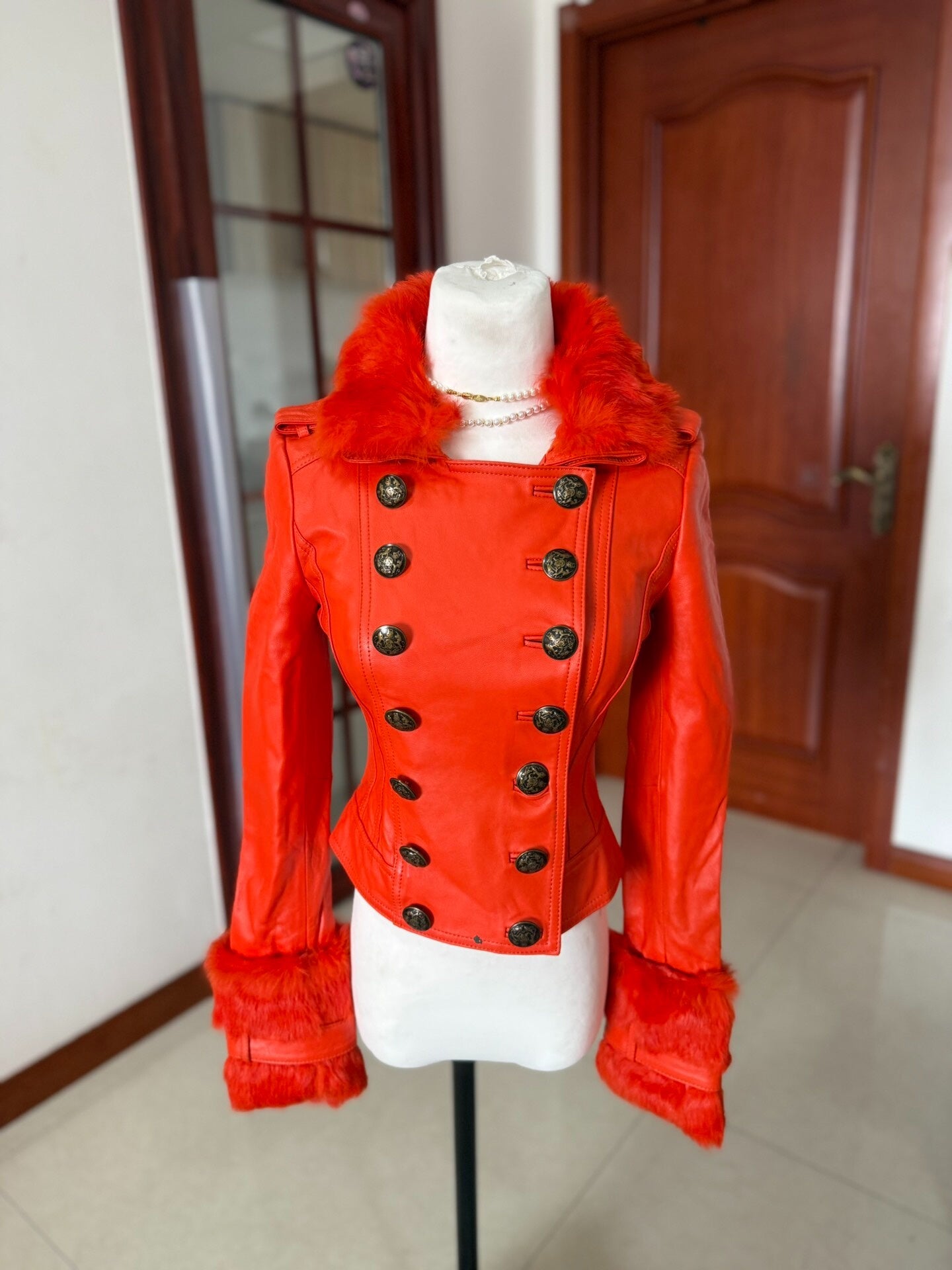 Vintage orange genuine fur and leather jacket