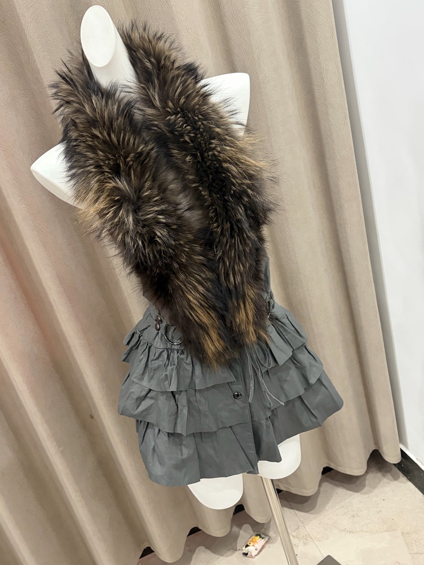 Vintage grey halter-neck genuine fur vest dress