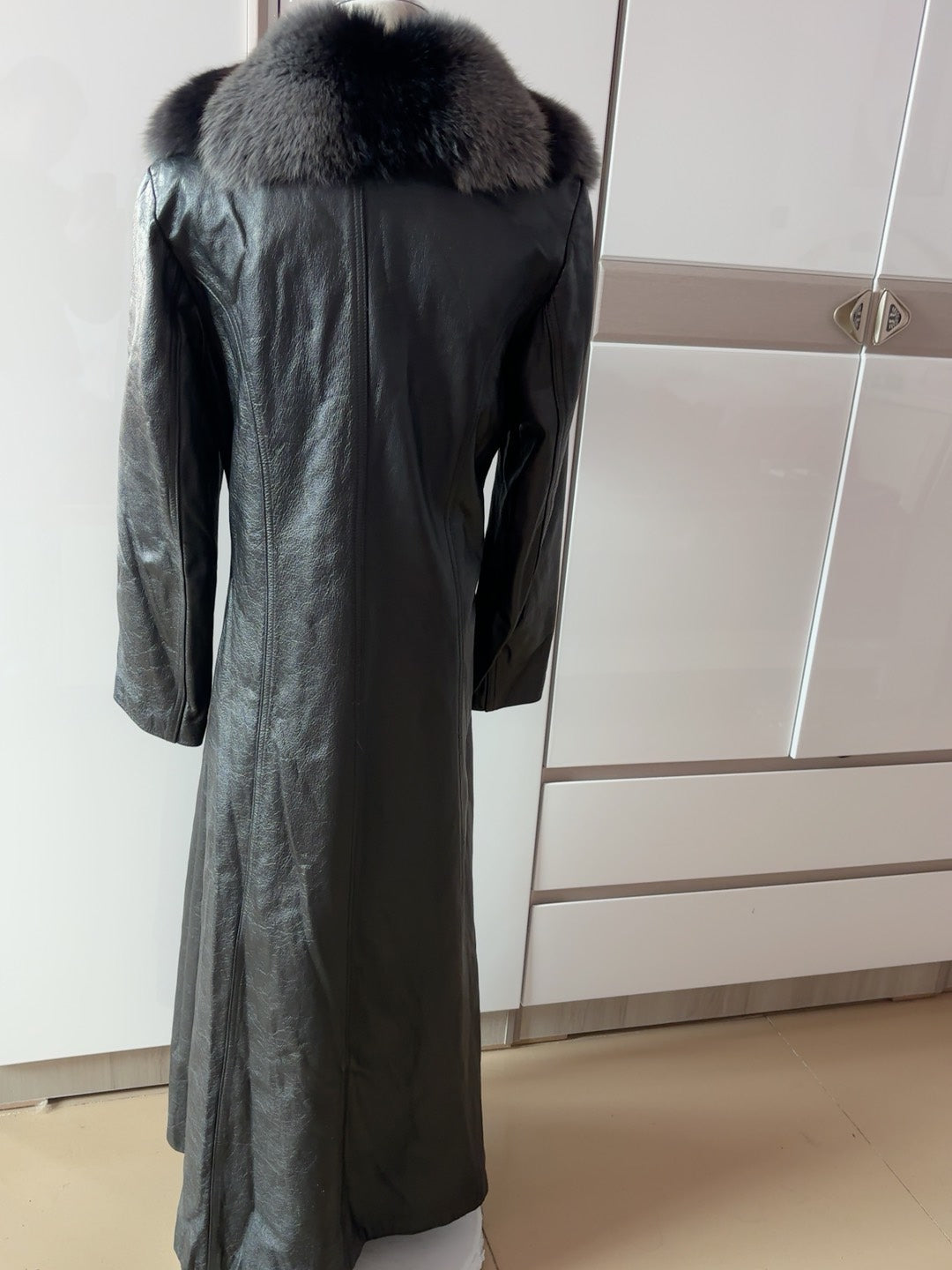 Vintage black cowhide long leather coat