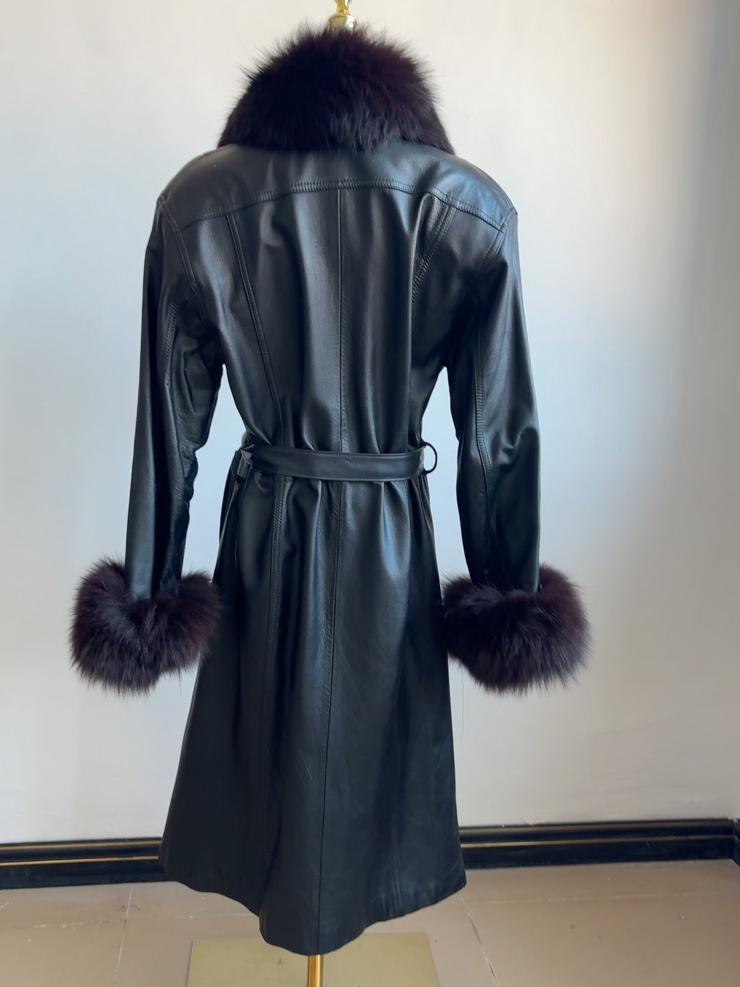 Vintage black genuine leather long coat