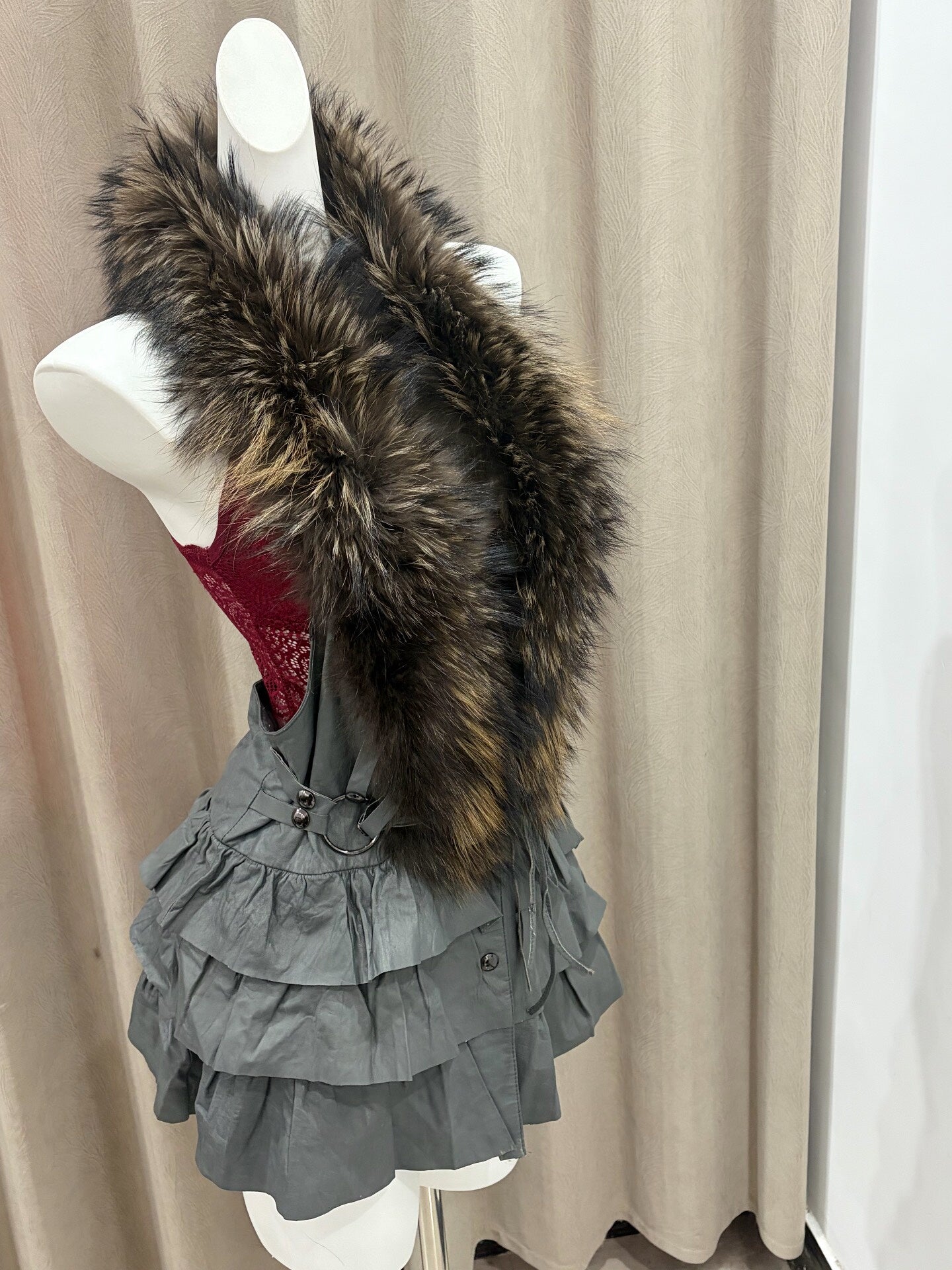Vintage grey halter-neck genuine fur vest dress