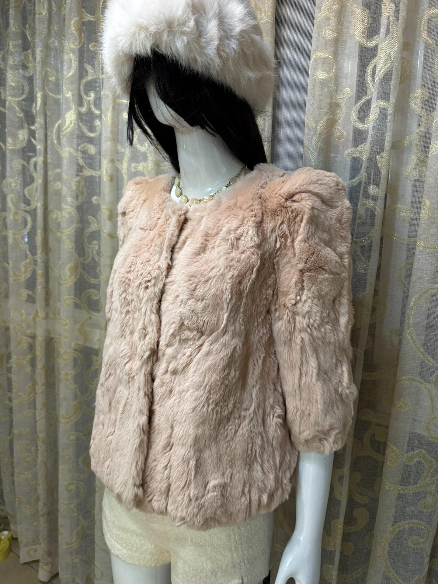 Vintage light pink genuine fur coat