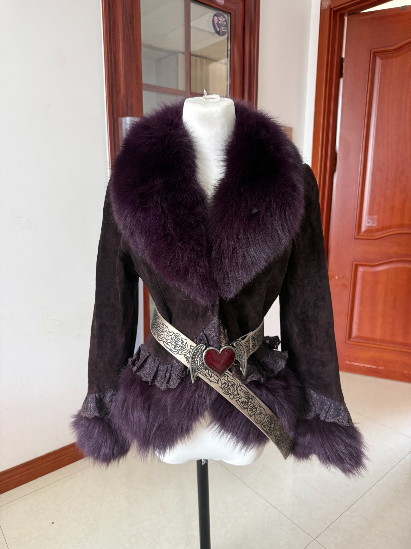 Vintage purple fox fur-collared coat