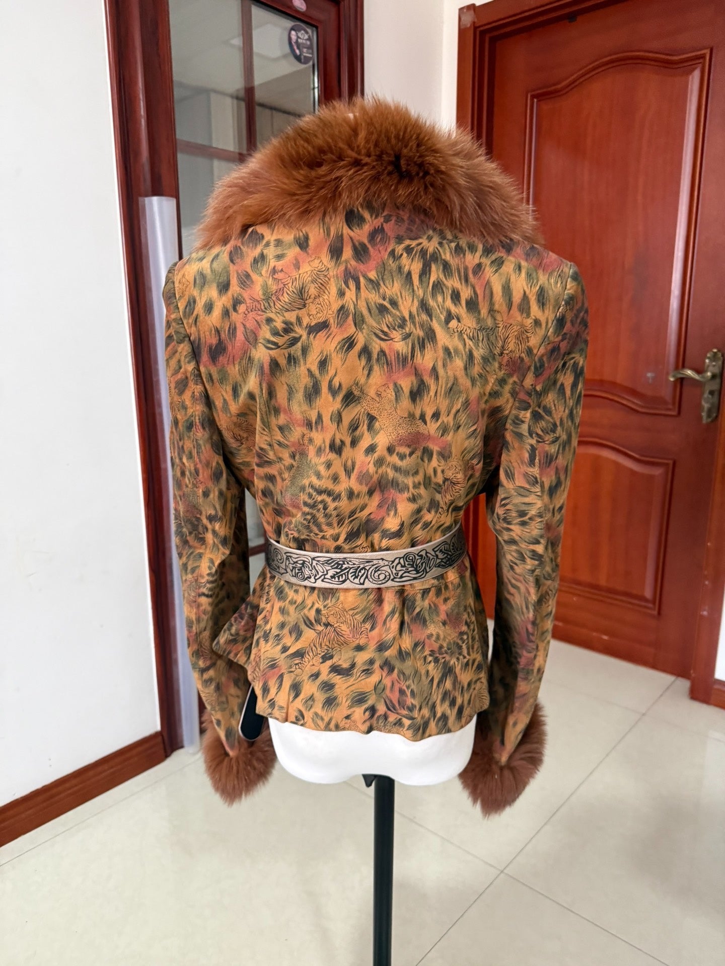 Vintage leopard-print genuine fur-collar coat