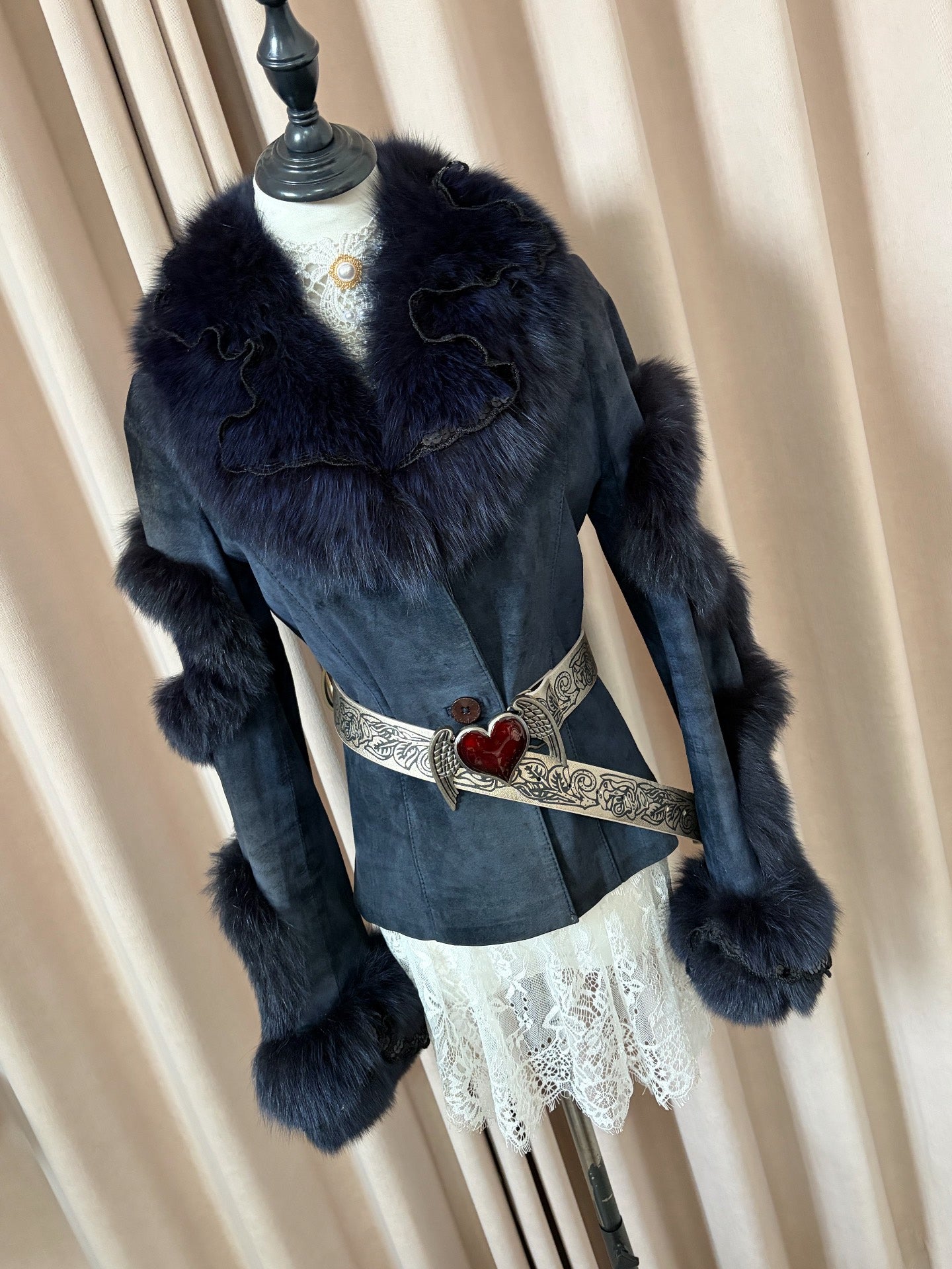 Vintage navy blue short real fur coat