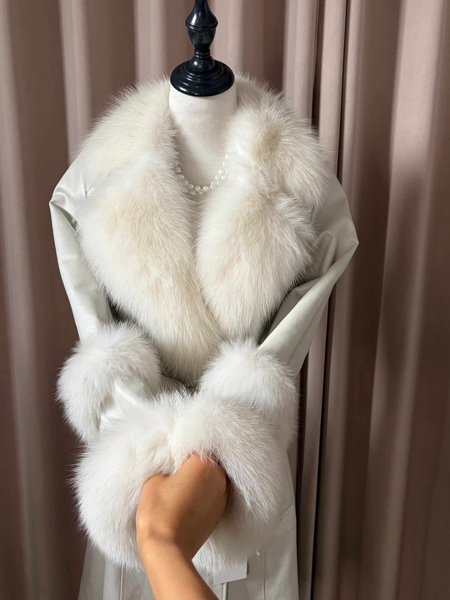 Vintage white genuine fur and leather coat