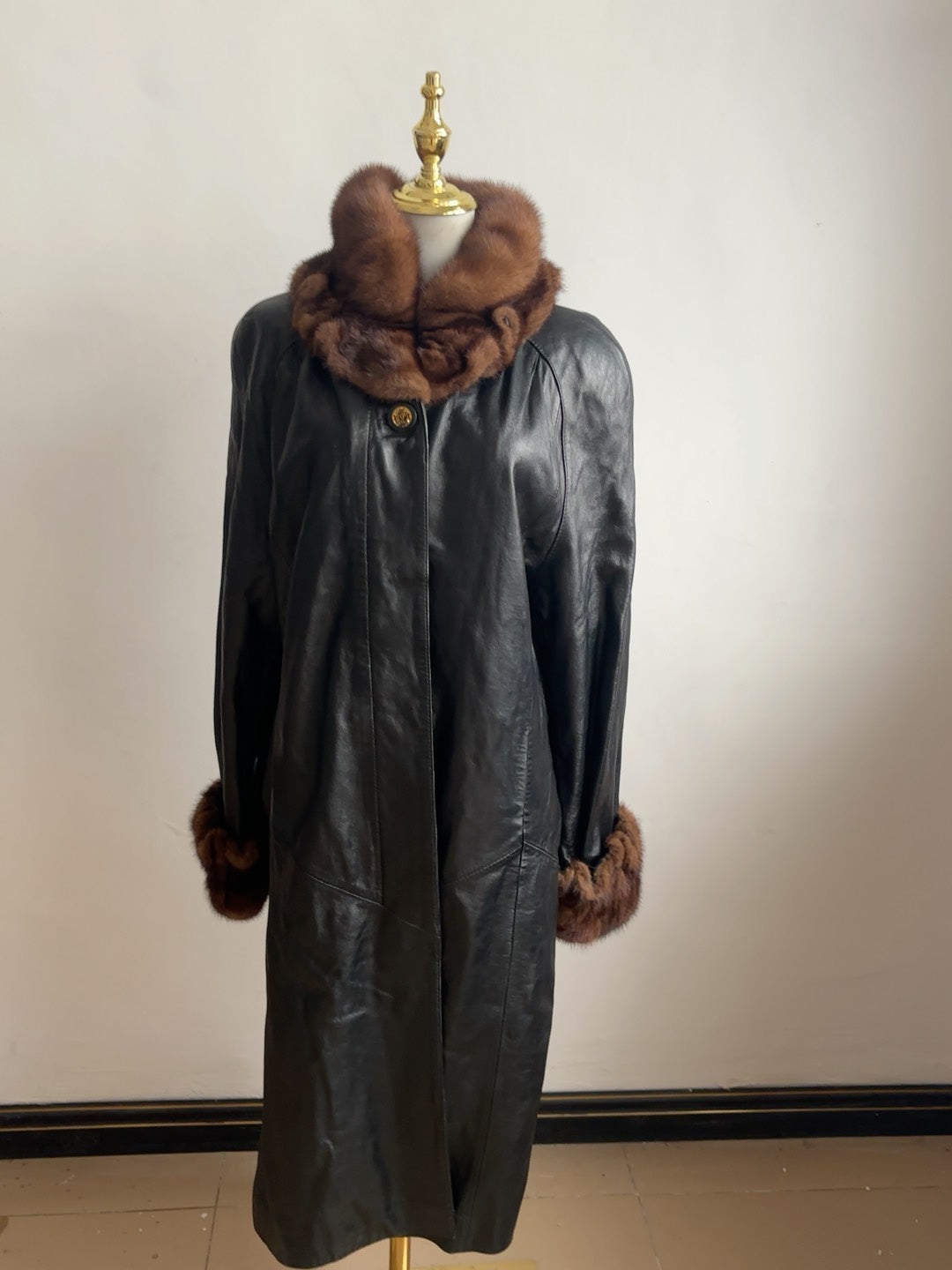 Vintage black genuine leather long coat