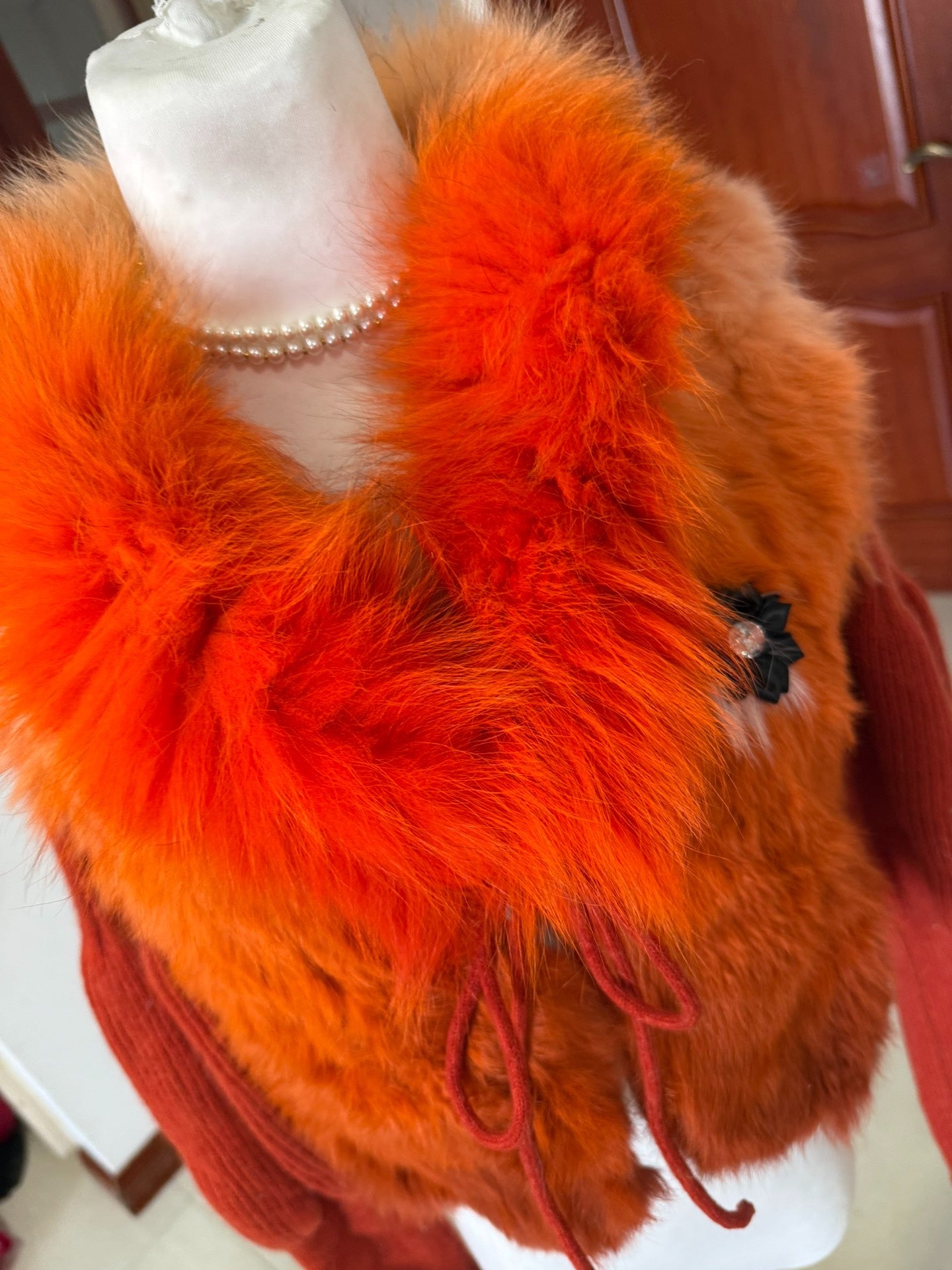 Vintage orange knit jacket with fox fur collar