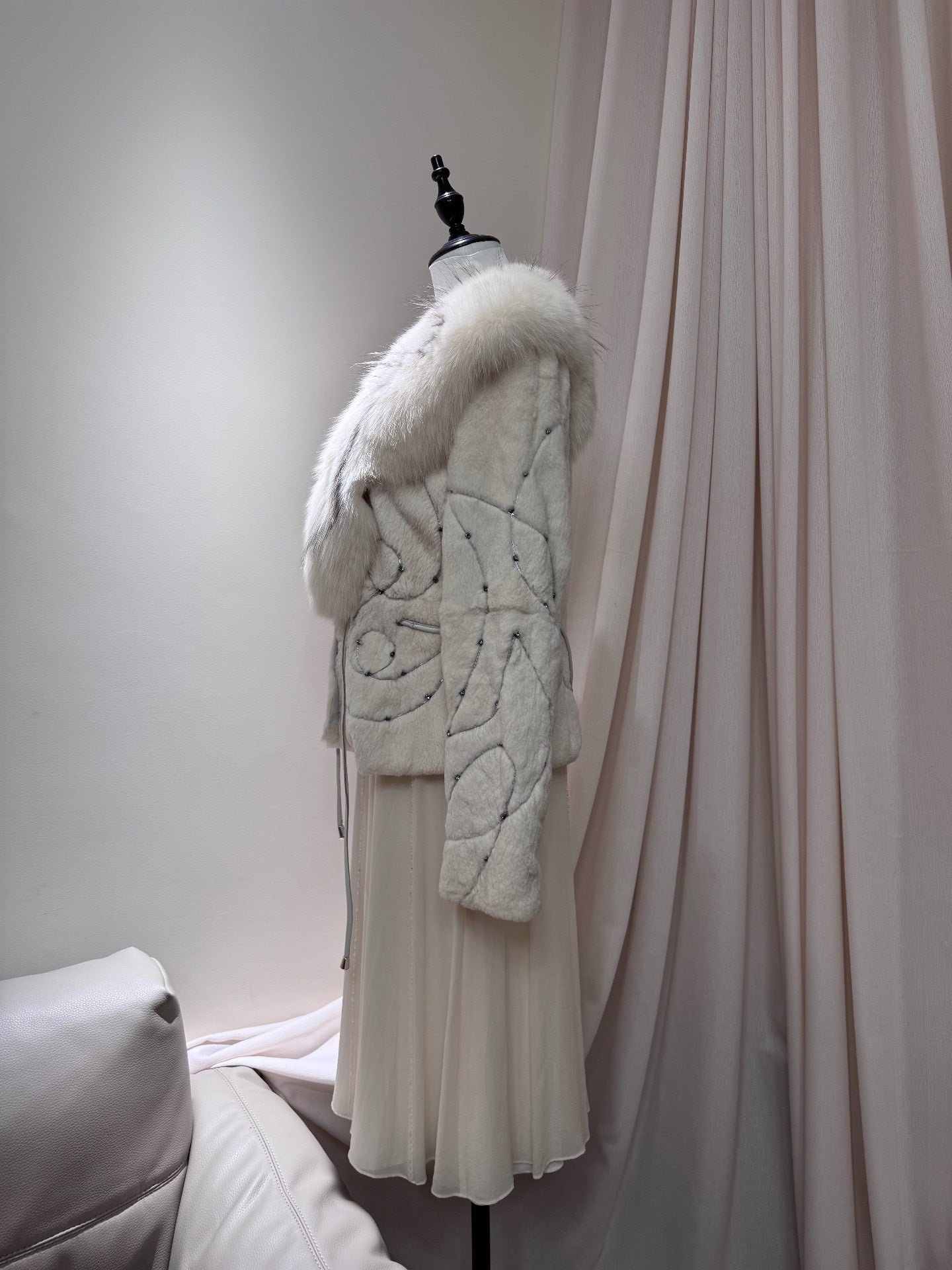 Vintage off-white genuine fur coat
