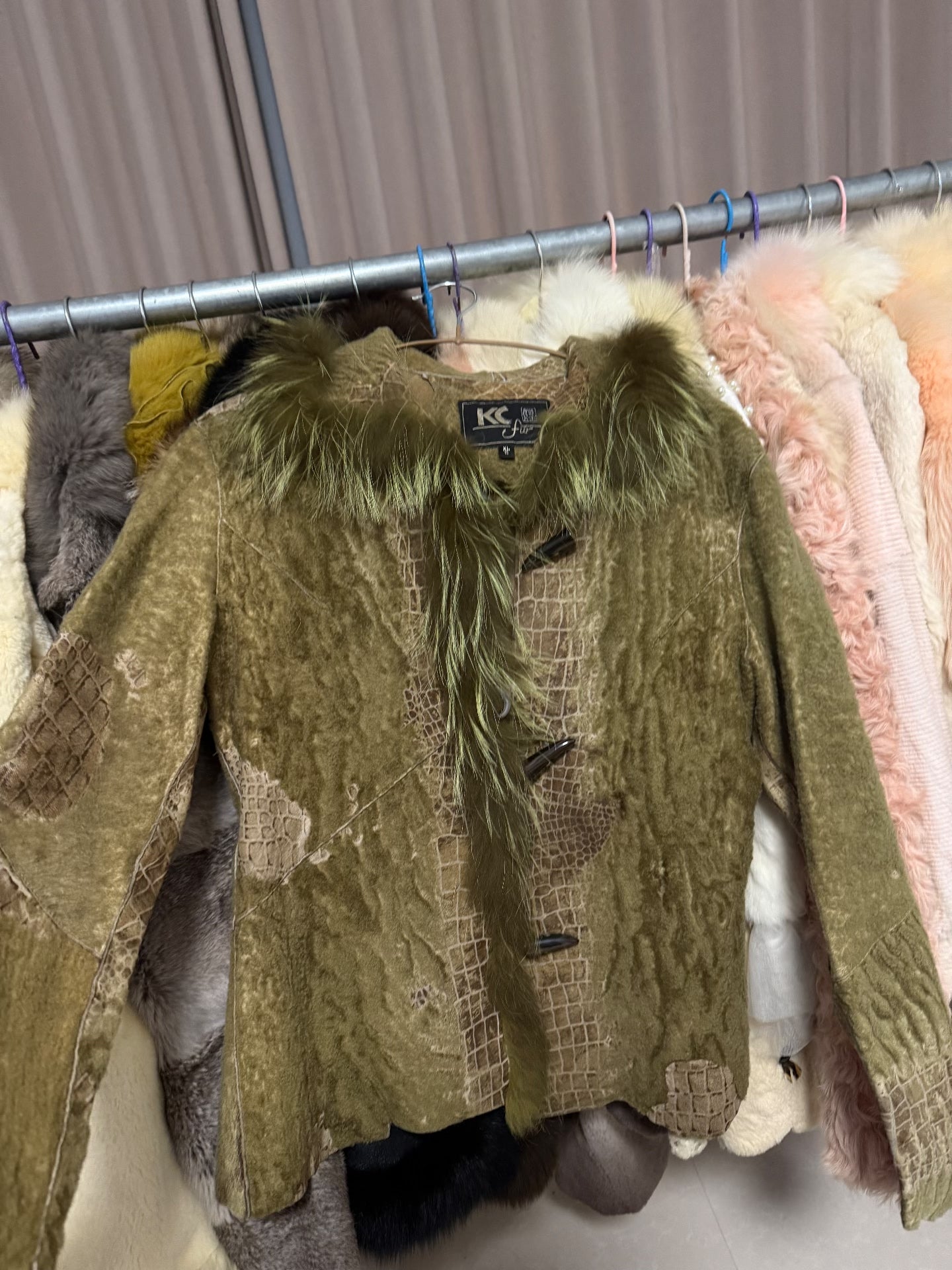 Vintage crocodile-print patchwork real fur coat