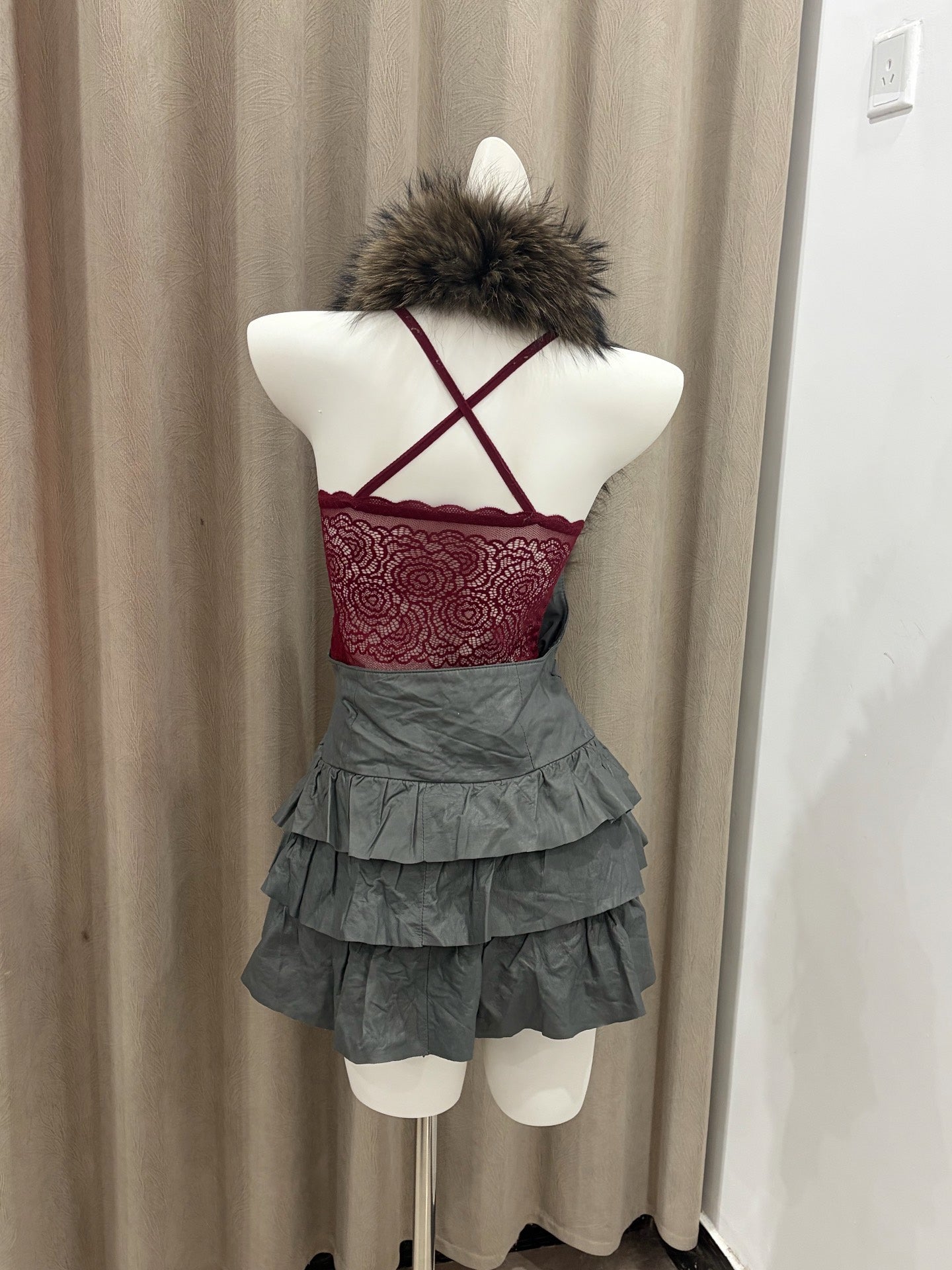 Vintage grey halter-neck genuine fur vest dress