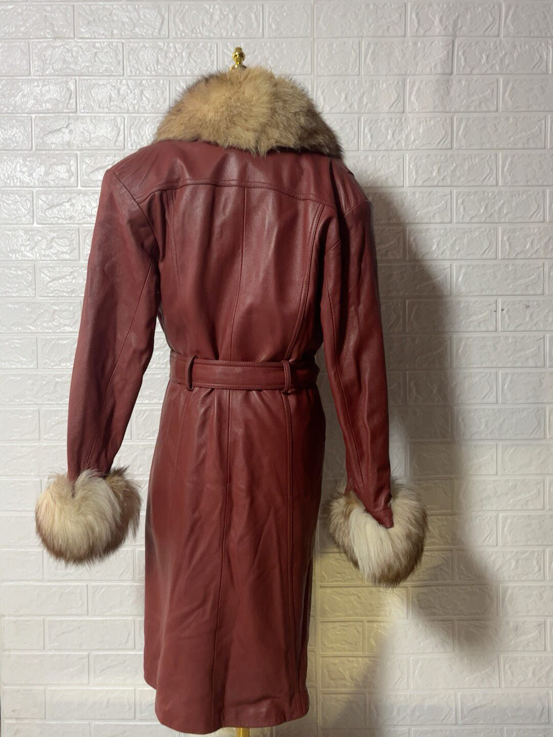 Vintage red genuine leather long coat
