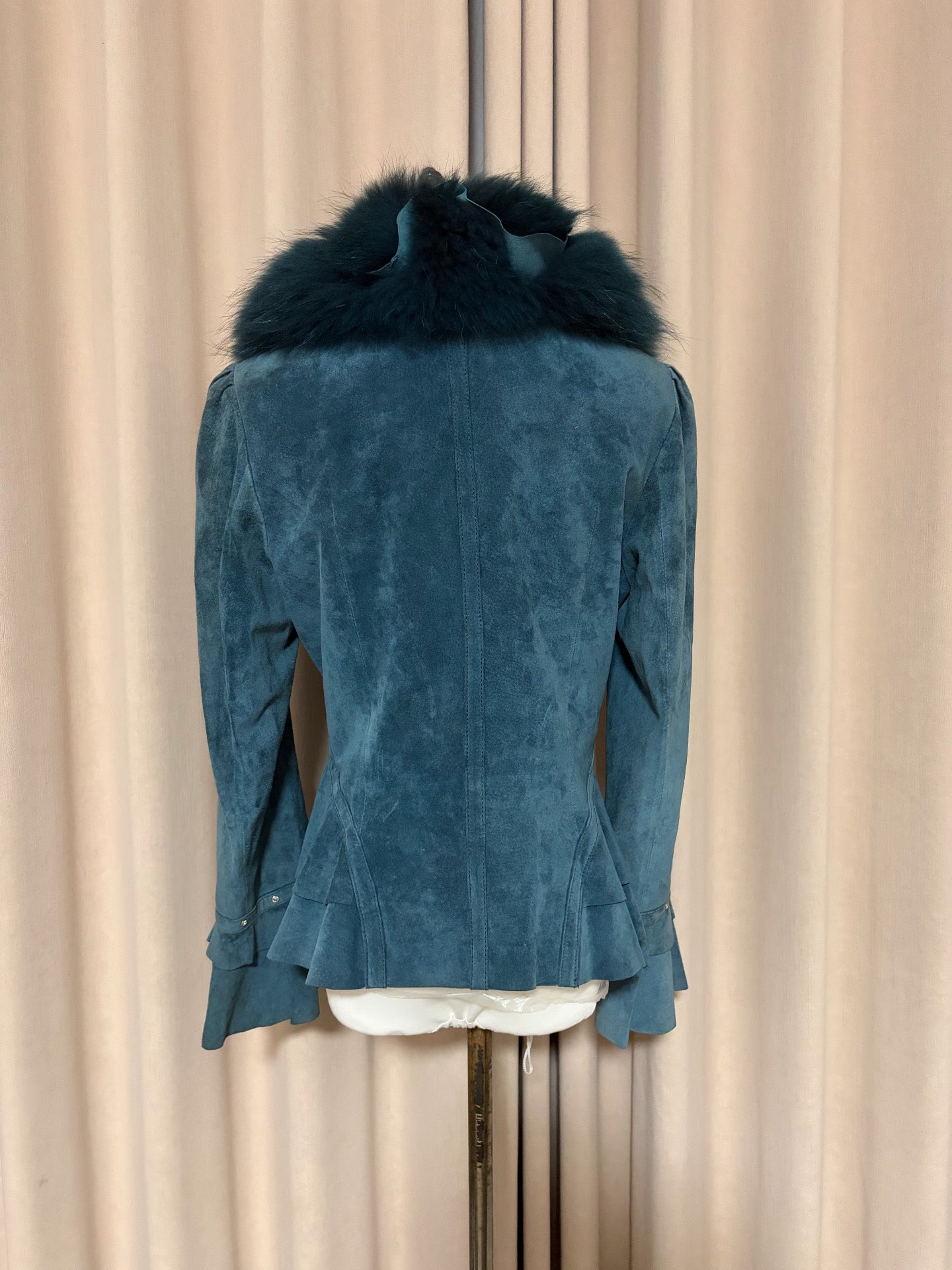 Vintage peacock blue genuine fur and leather coat