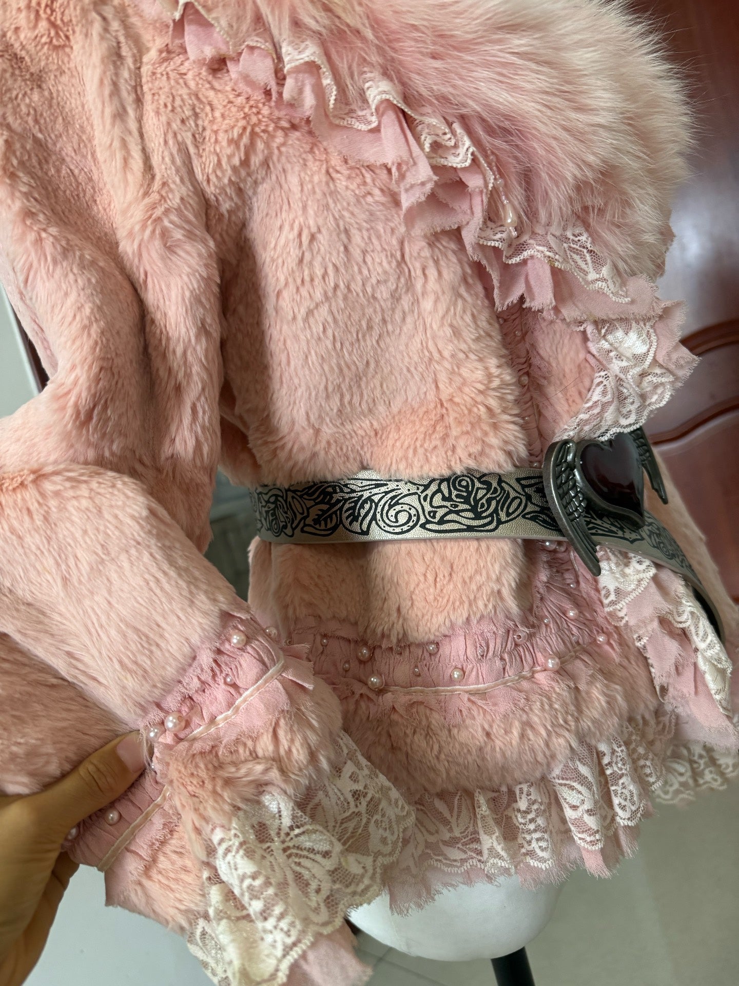 Vintage pink rabbit fur coat with fox fur collar