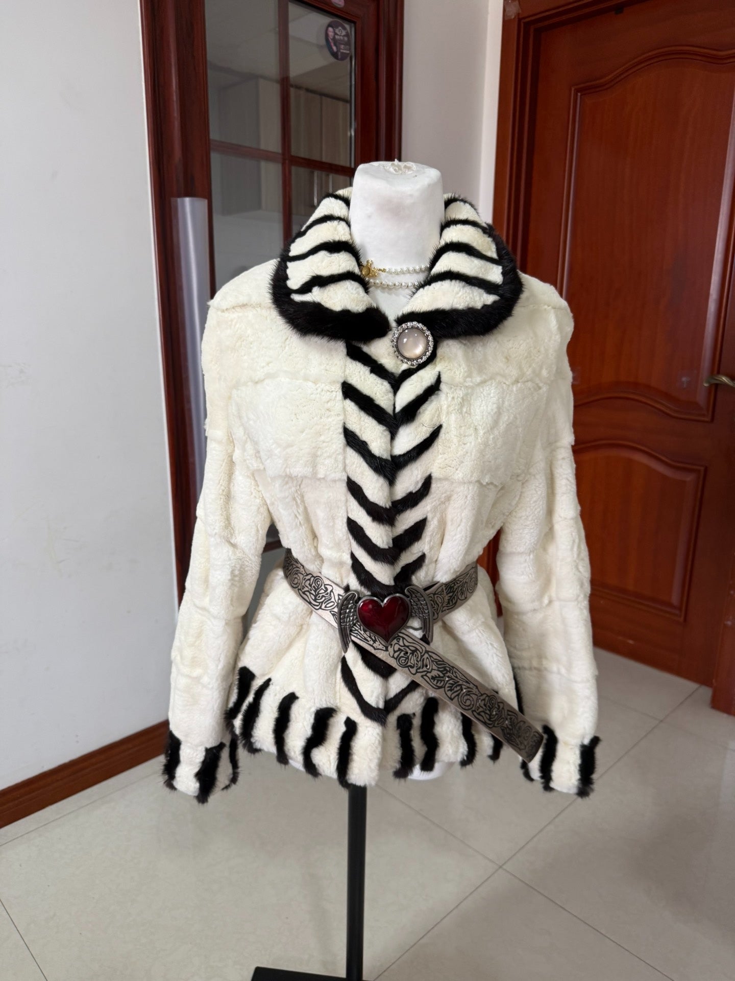 Vintage patchwork genuine fur coat with zebra print