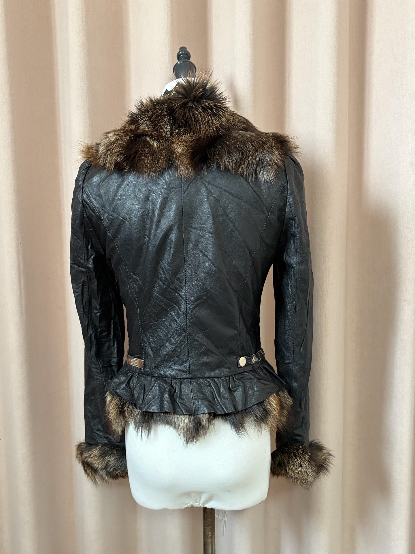 Vintage black genuine leather and real fur coat