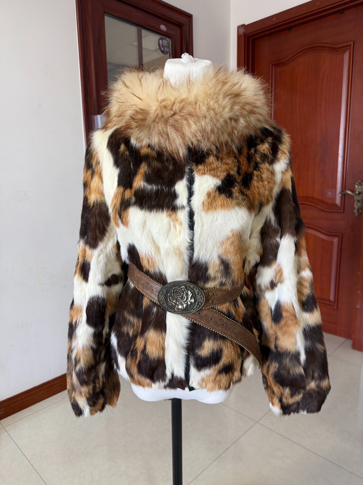 Vintage cow-print genuine fur coat