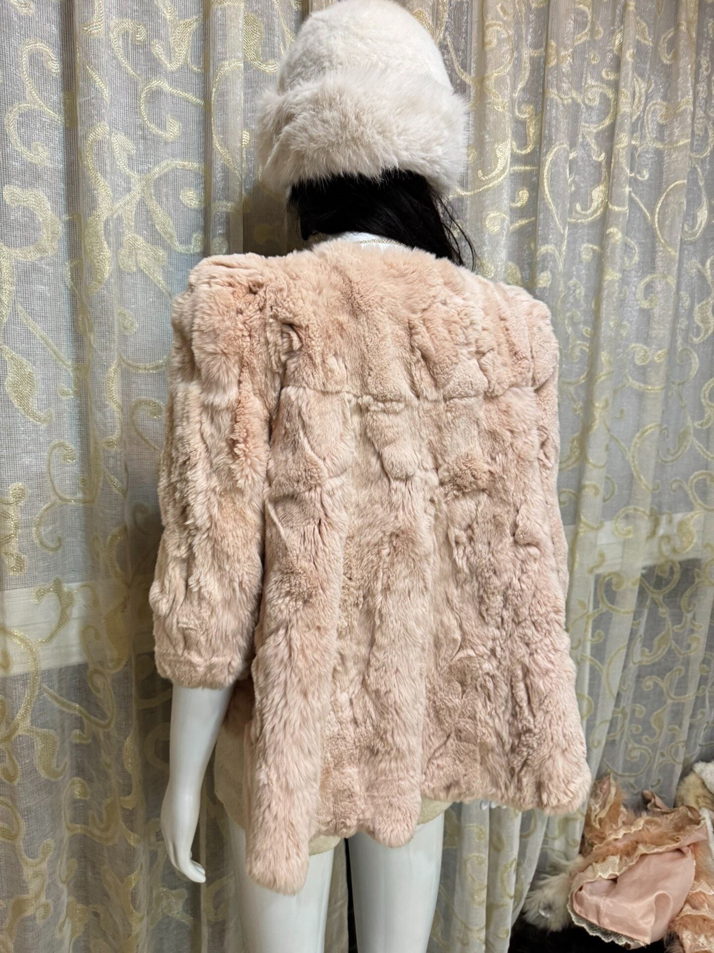 Vintage light pink genuine fur coat