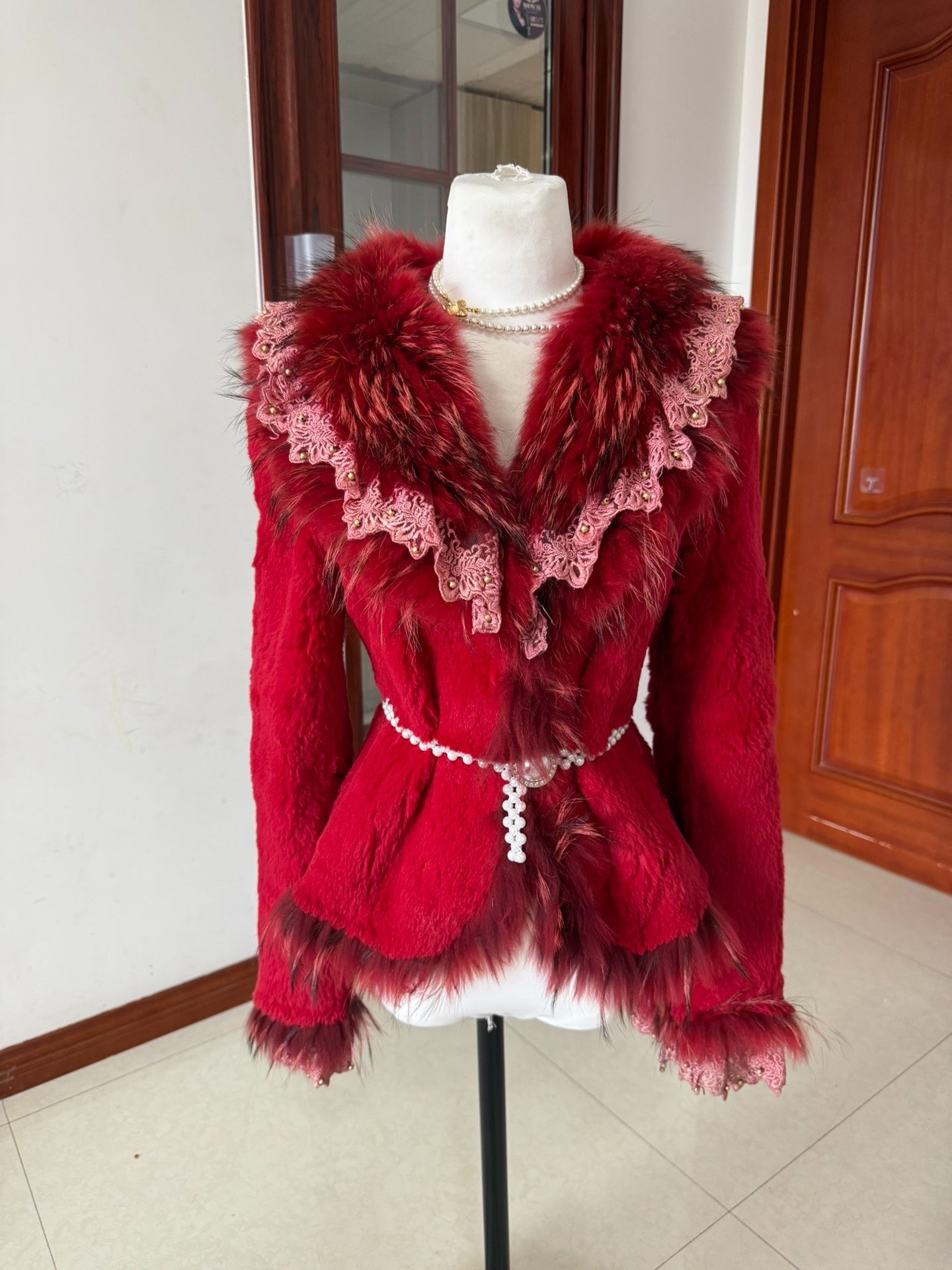 Vintage red rabbit fur coat