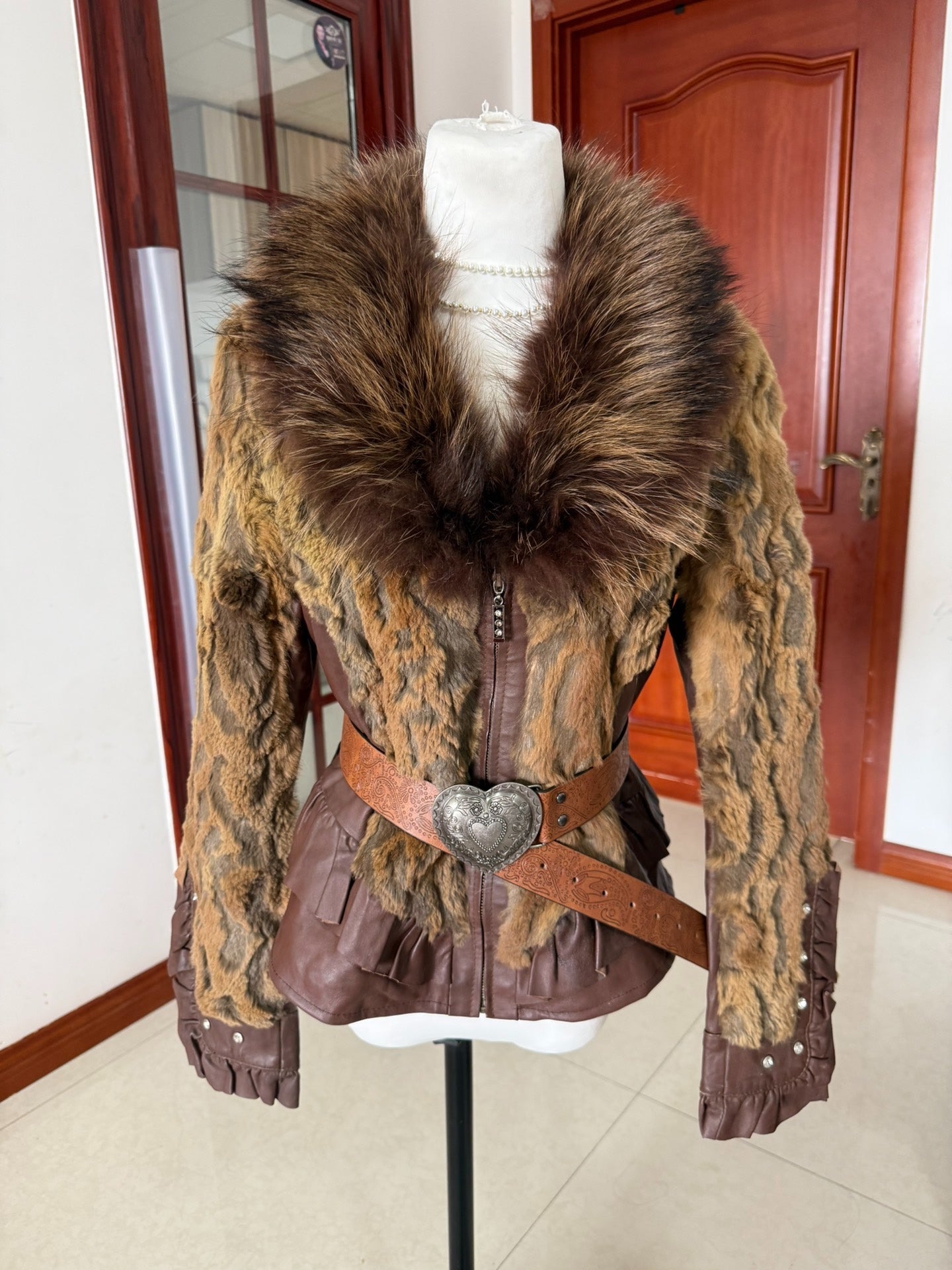 Vintage genuine leather and mink fur short jacket