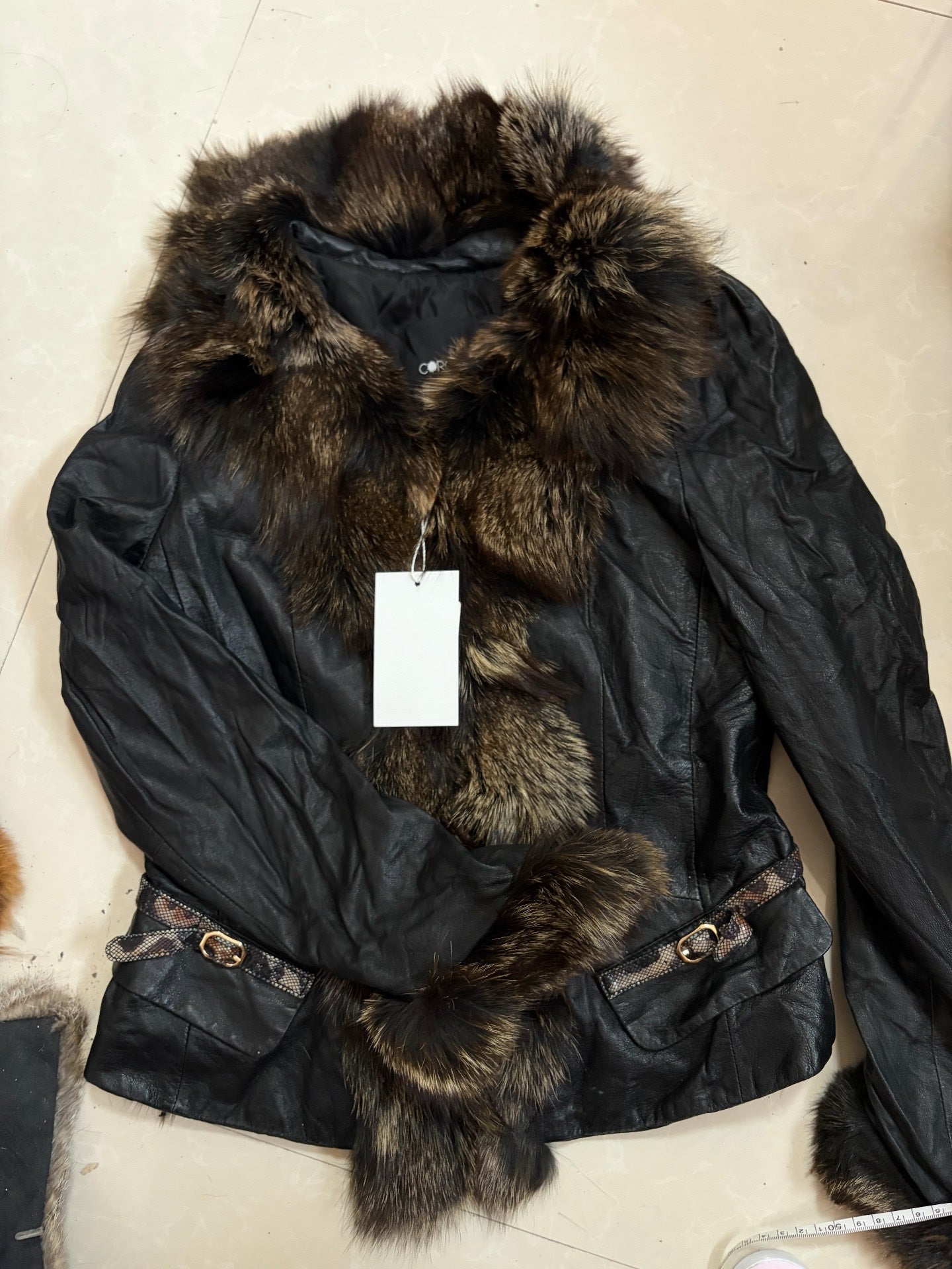 Vintage black genuine leather and real fur coat