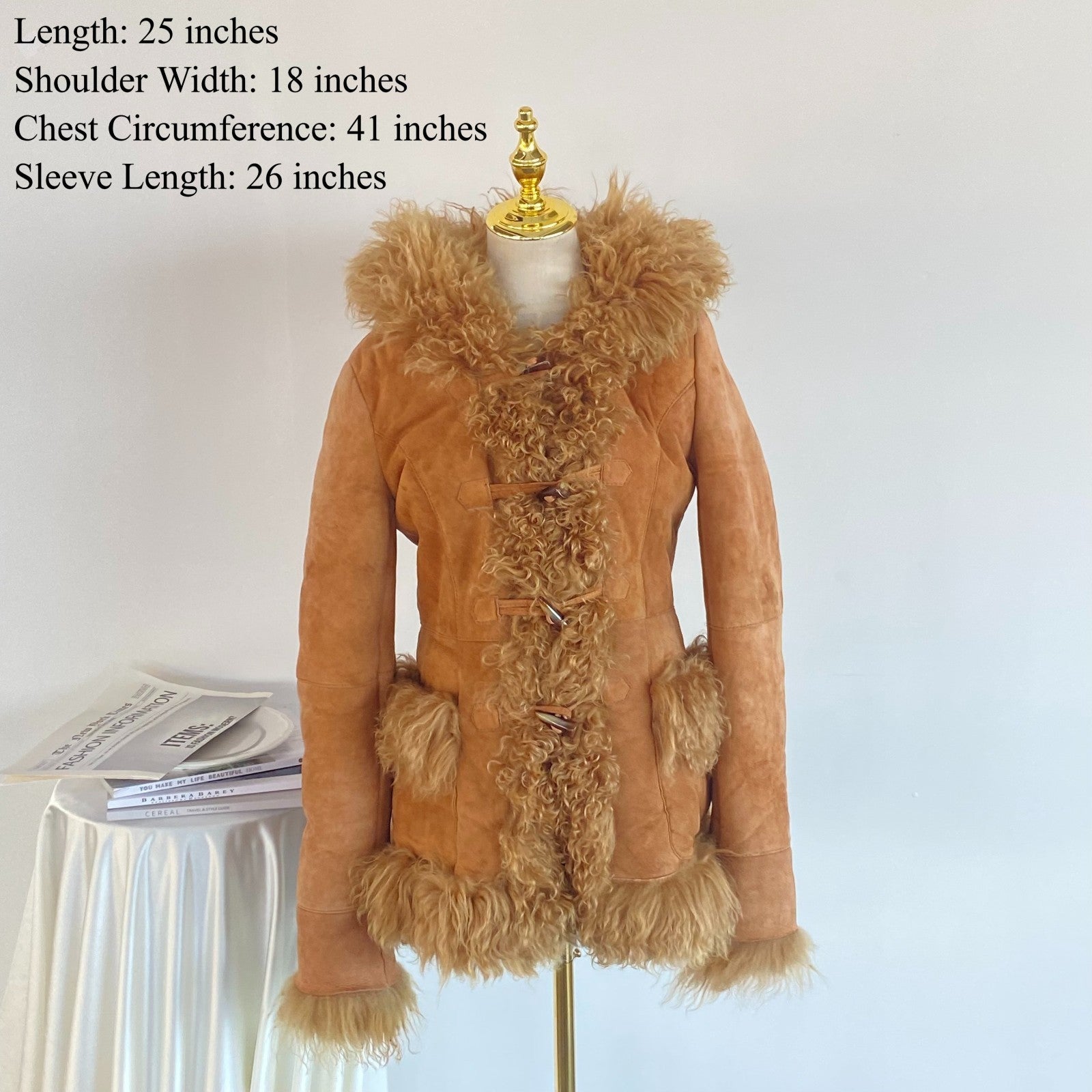 Retro Camel Suede Hooded Coat Faux Fur Lined US M Stained