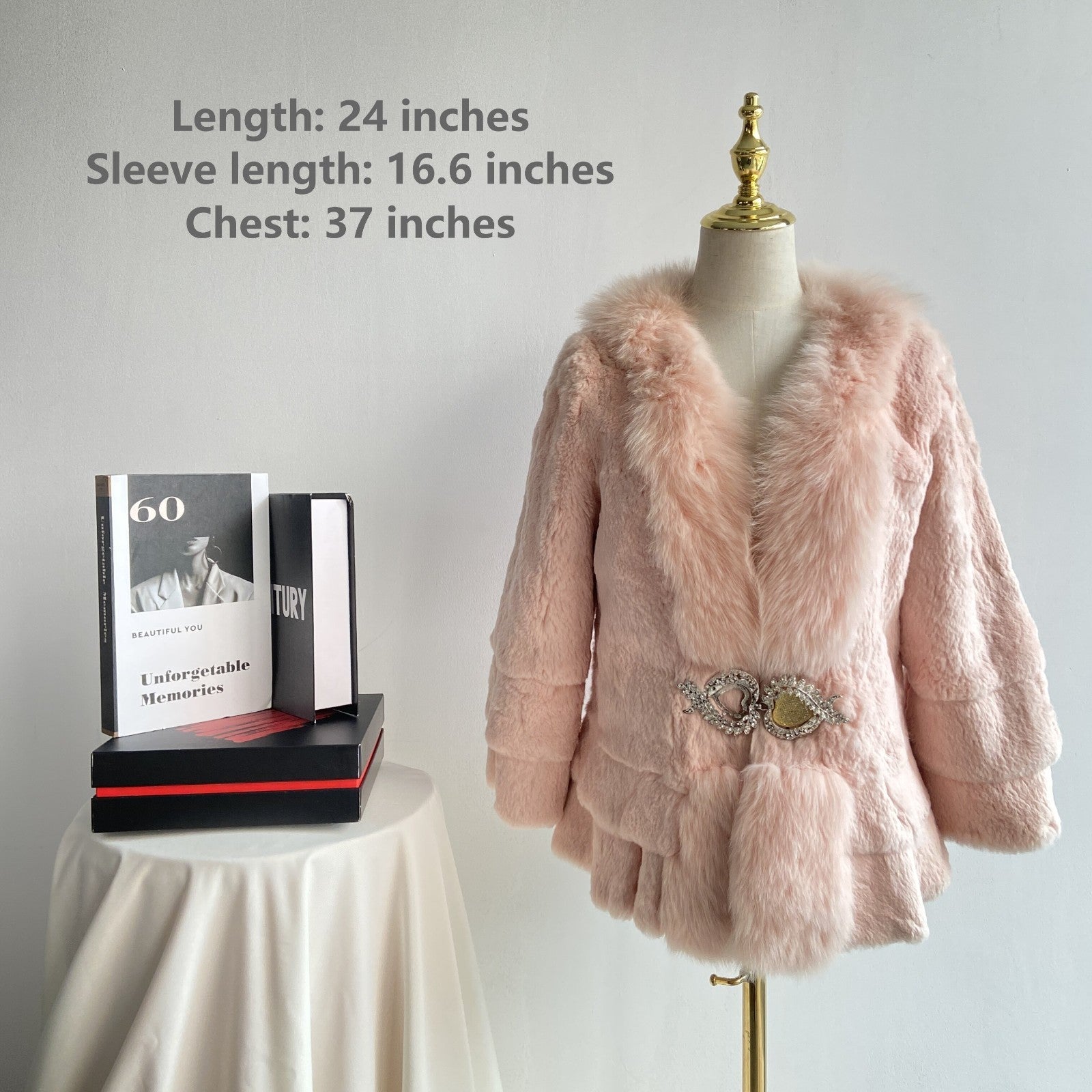 Vintage Pink faux Rabbit Fur Coat with faux Fox Fur Collar Jewel Clasp (Women’M