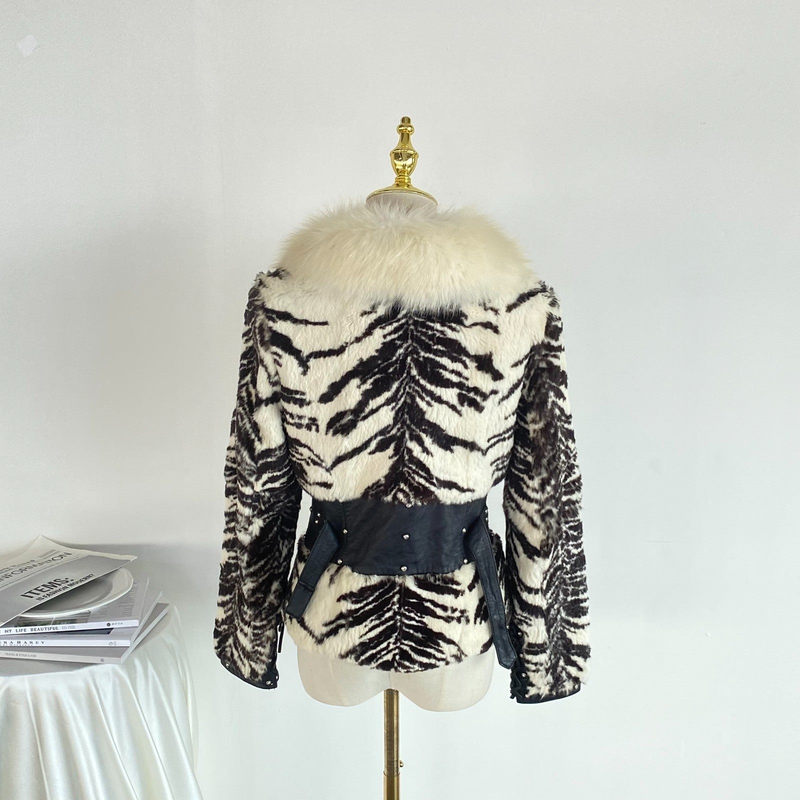 Retro Zebra Print Faux Fur Jacket Faux Fox Fur Collar Belt US S
