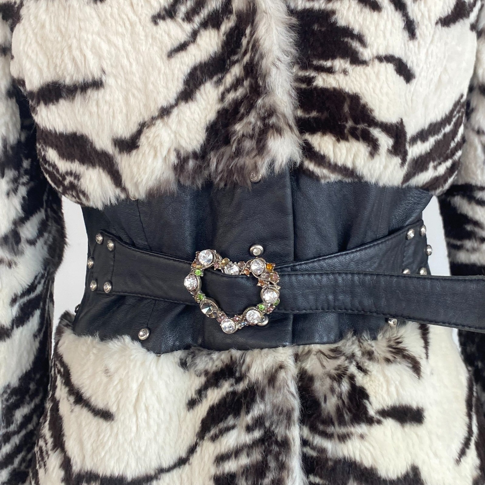 Retro Zebra Print Faux Fur Jacket Faux Fox Fur Collar Belt US S