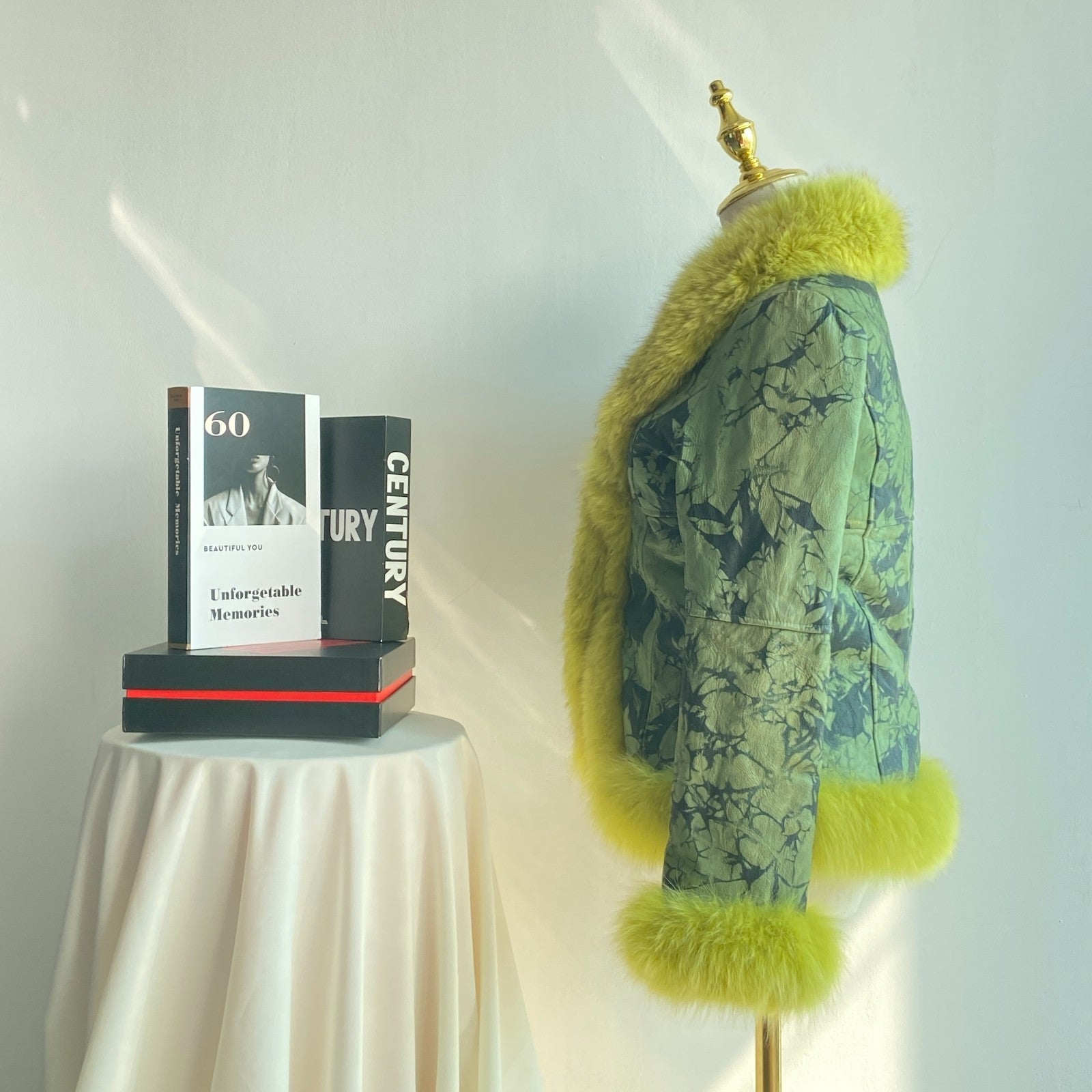 Y2K Green Tie-Dye Jacket with Chartreuse Faux Fur Trim (Women’s M)
