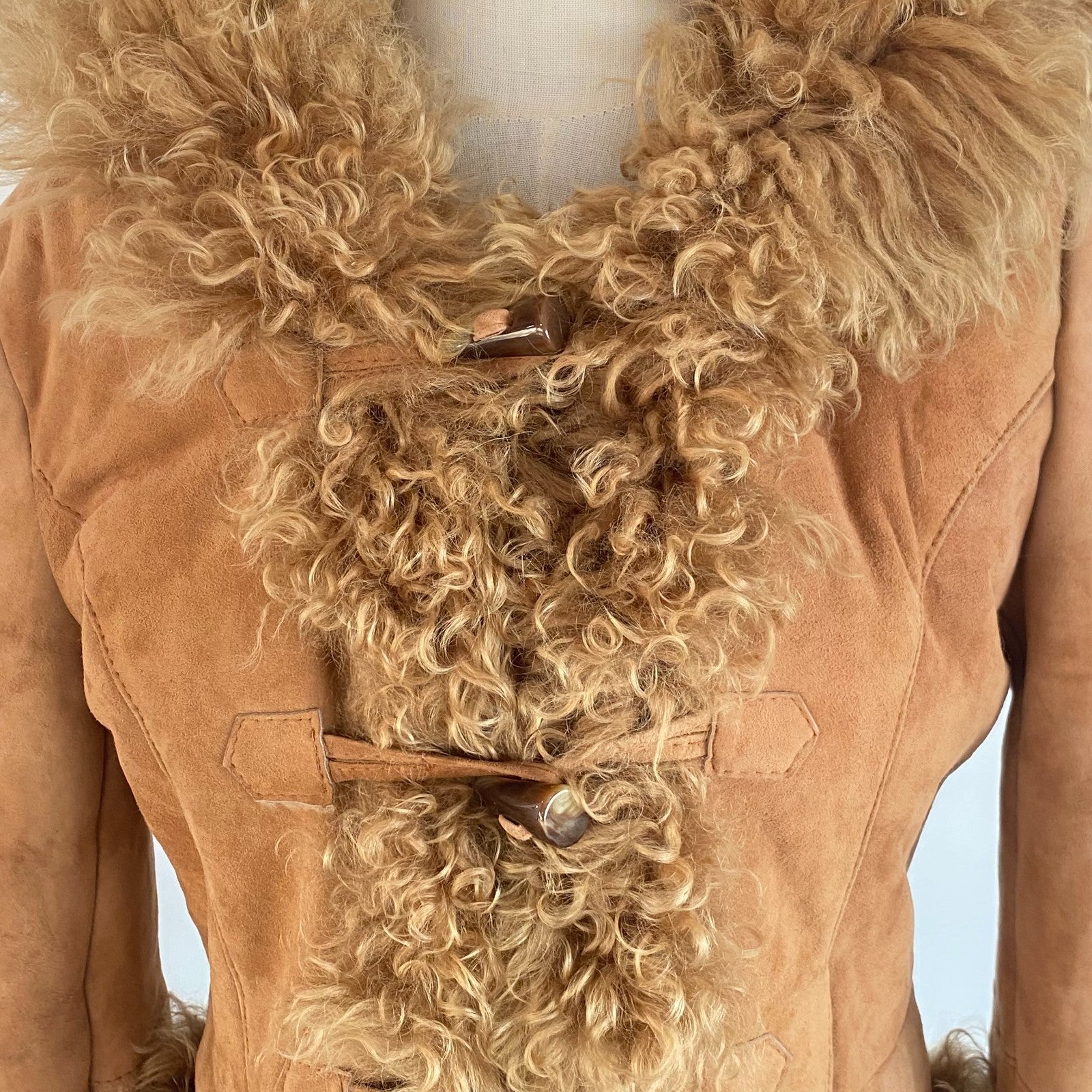 Retro Camel Suede Hooded Coat Faux Fur Lined US M Stained
