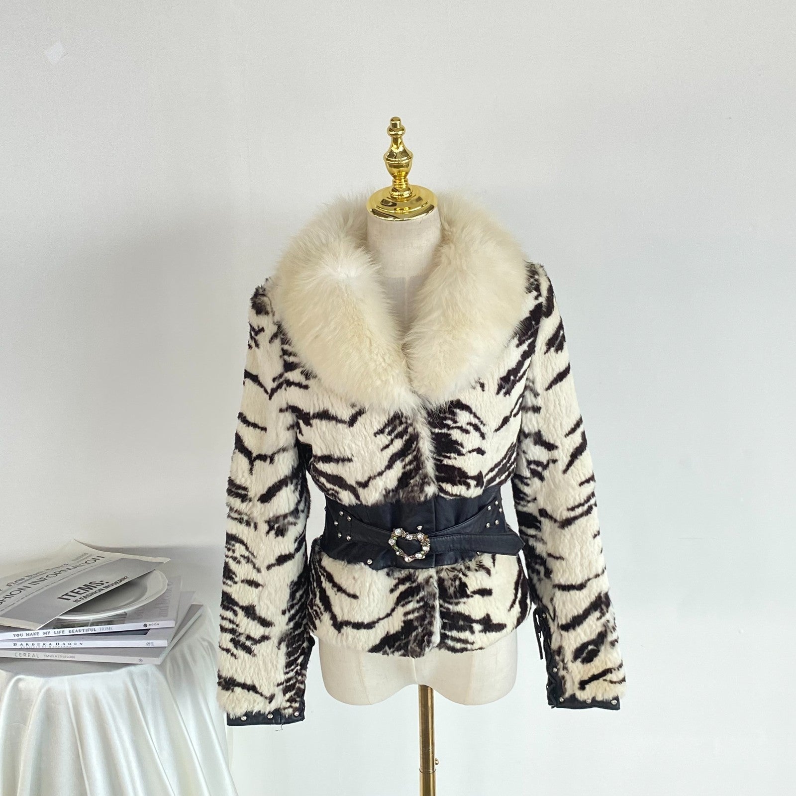 Retro Zebra Print Faux Fur Jacket Faux Fox Fur Collar Belt US S