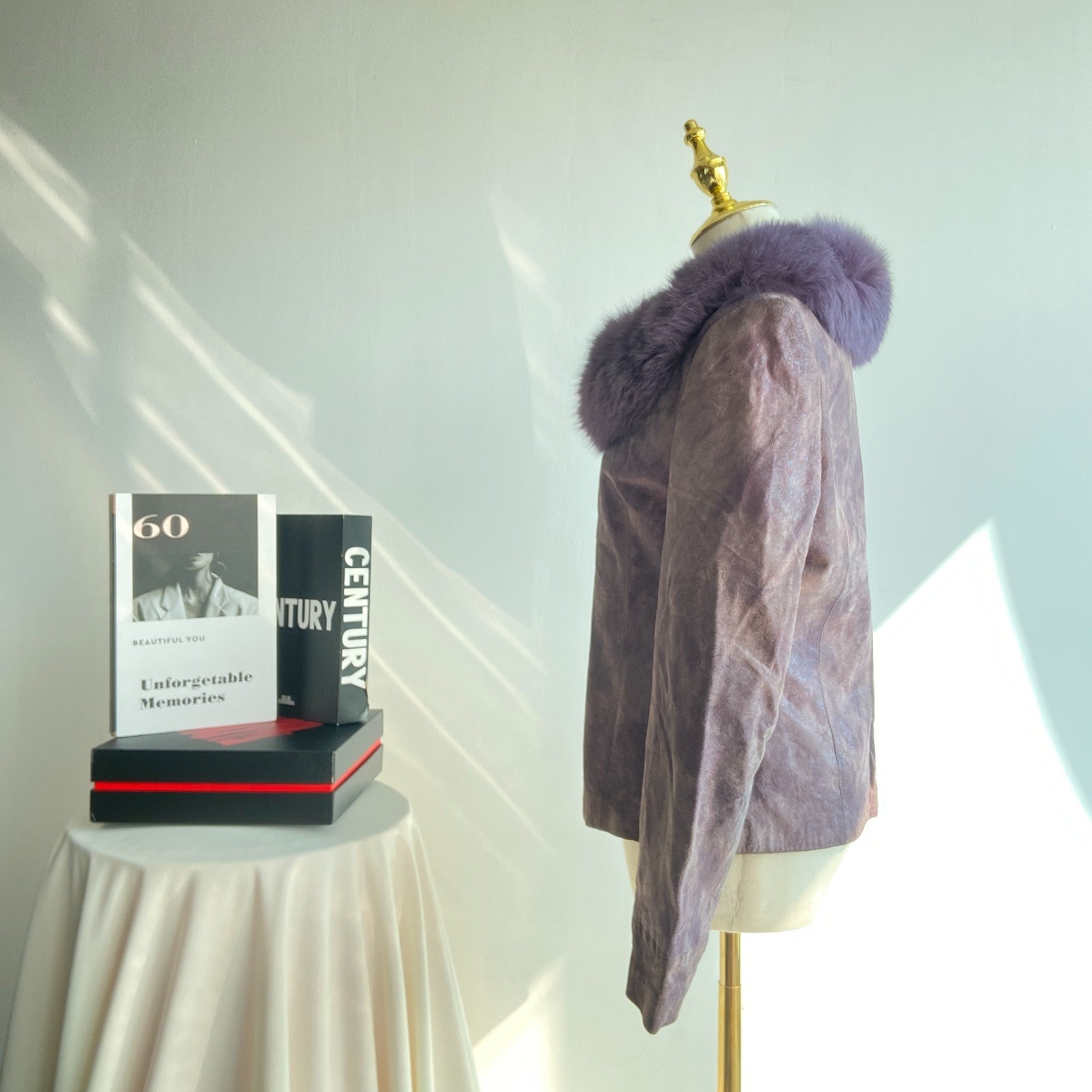 Vintage Lavender Leather & Faux Fur Jacket | Embossed Coat (Women’s S)