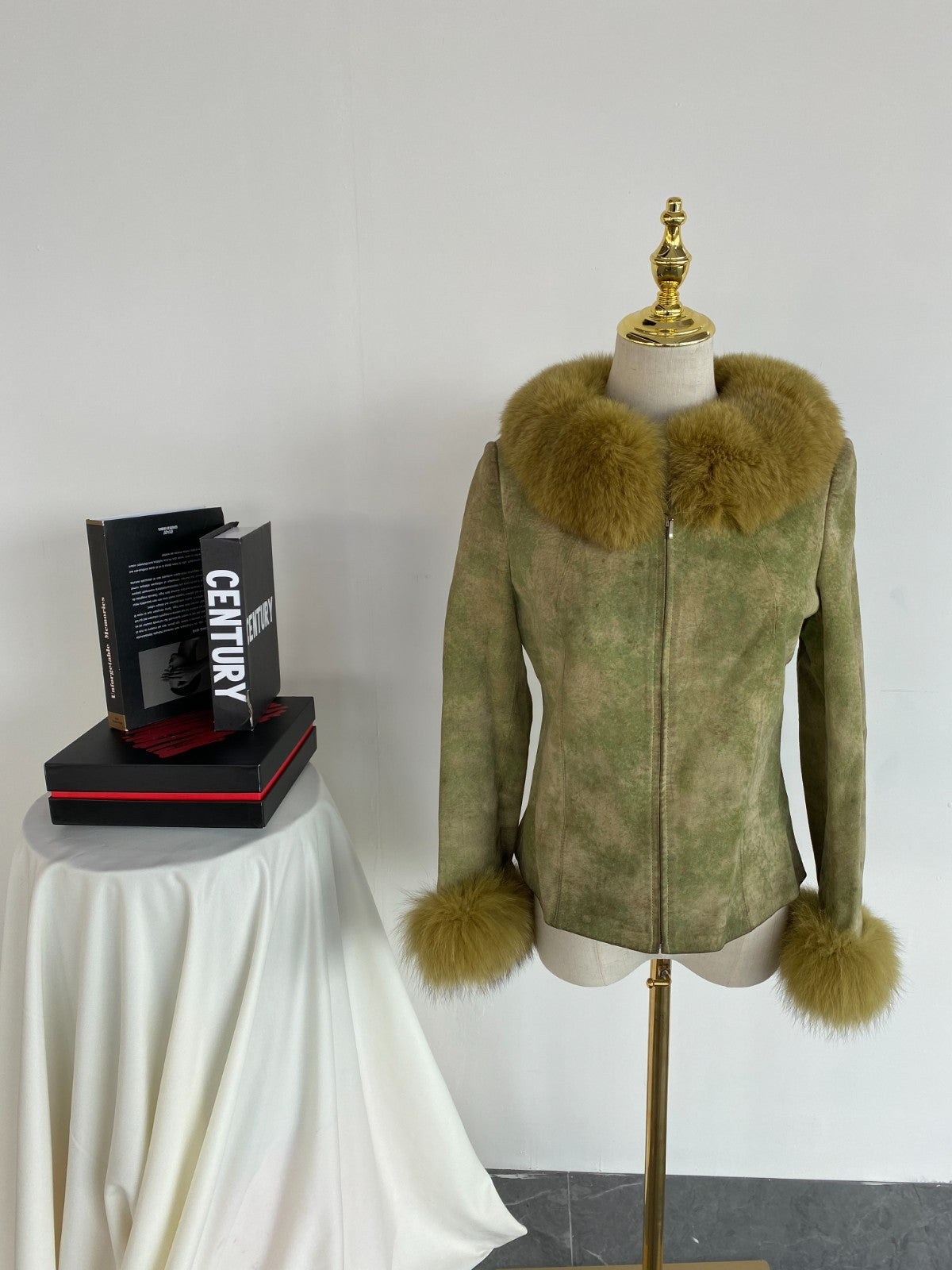 Vintage Y2K Green Distressed Suede Faux Fur Jacket Boho Penny Lane Coat S